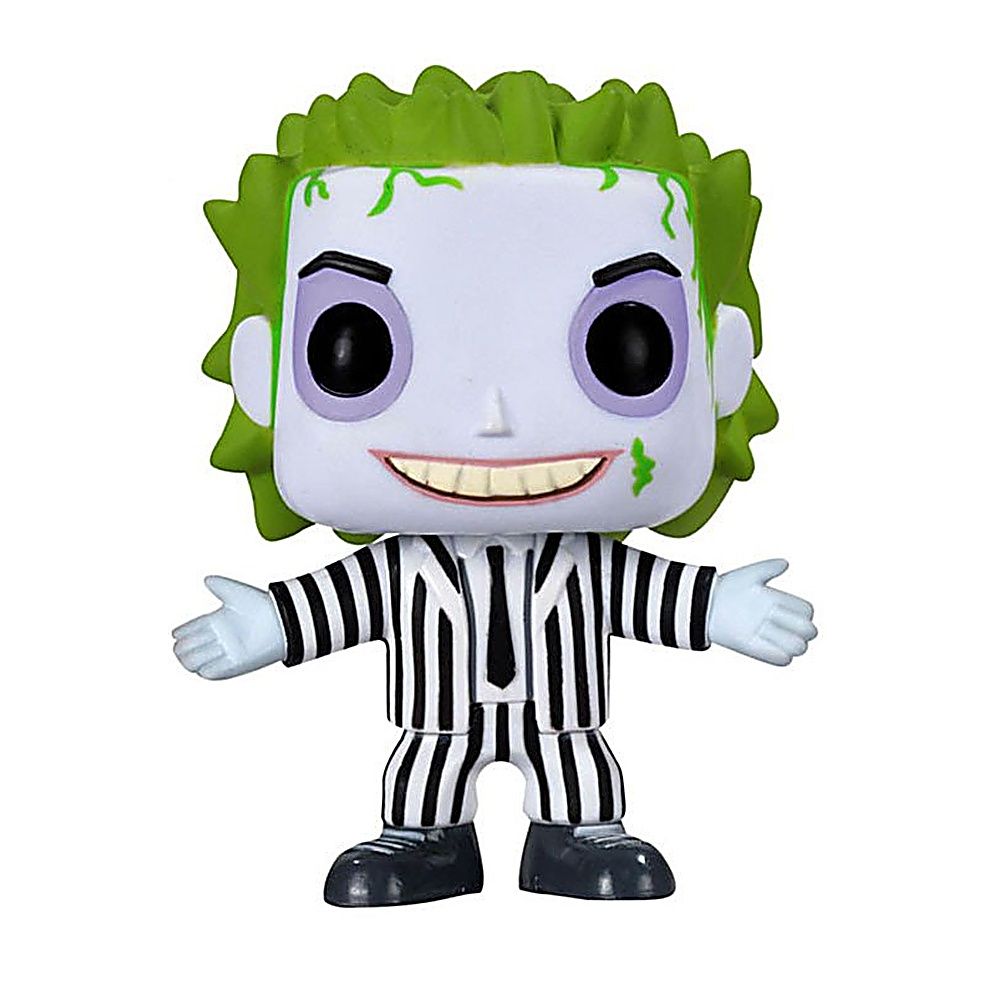 Figurka Funko Pop Beetlejuice z zielonymi włosami i w paski, z otwartymi ramionami.