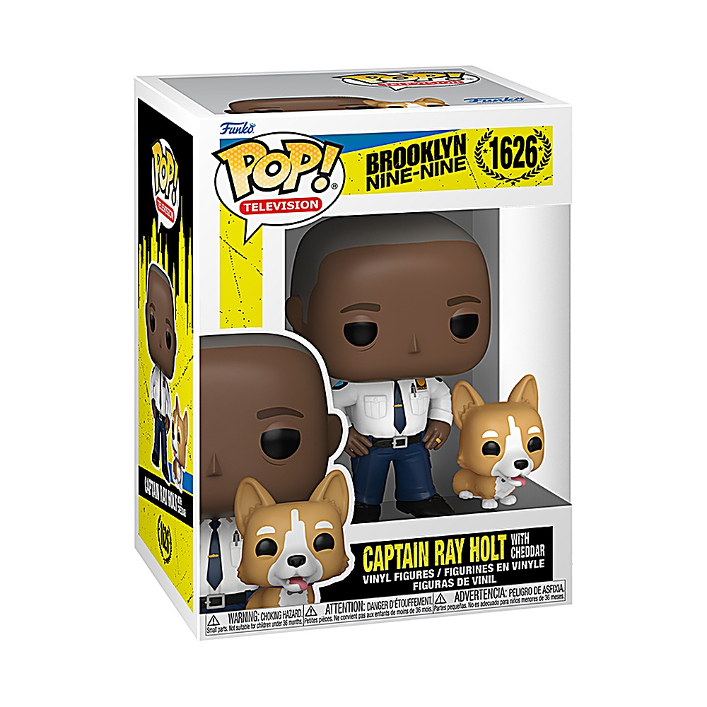 Pudełko Funko Pop z kapitanem Rayem Holtem z Brooklyn Nine-Nine i psem corgi.