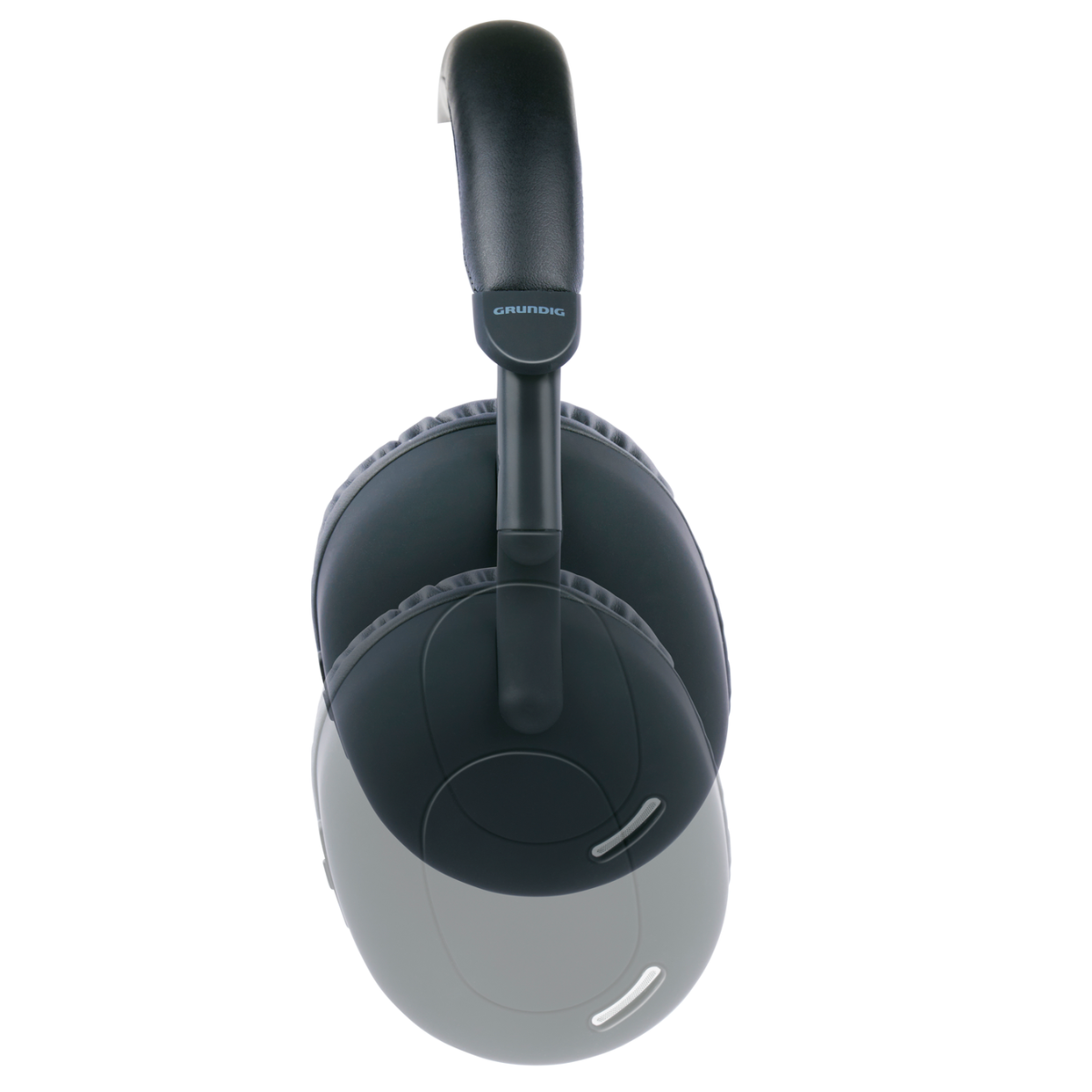 Zwarte Grundig-hoofdtelefoon, hangend. De hoofdtelefoon is over-ear en heeft een zwarte hoofdband en oorschelpen.