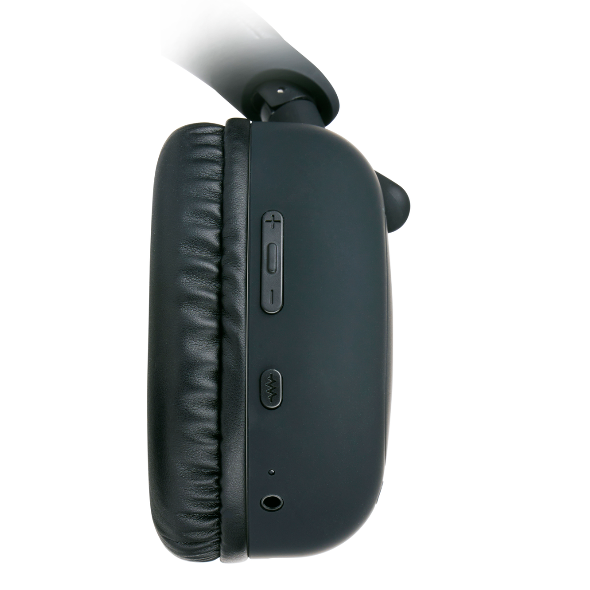 Zijaanzicht van een zwarte Grundig-hoofdtelefoon. Toont knoppen, een poort en een microfoonpoort.