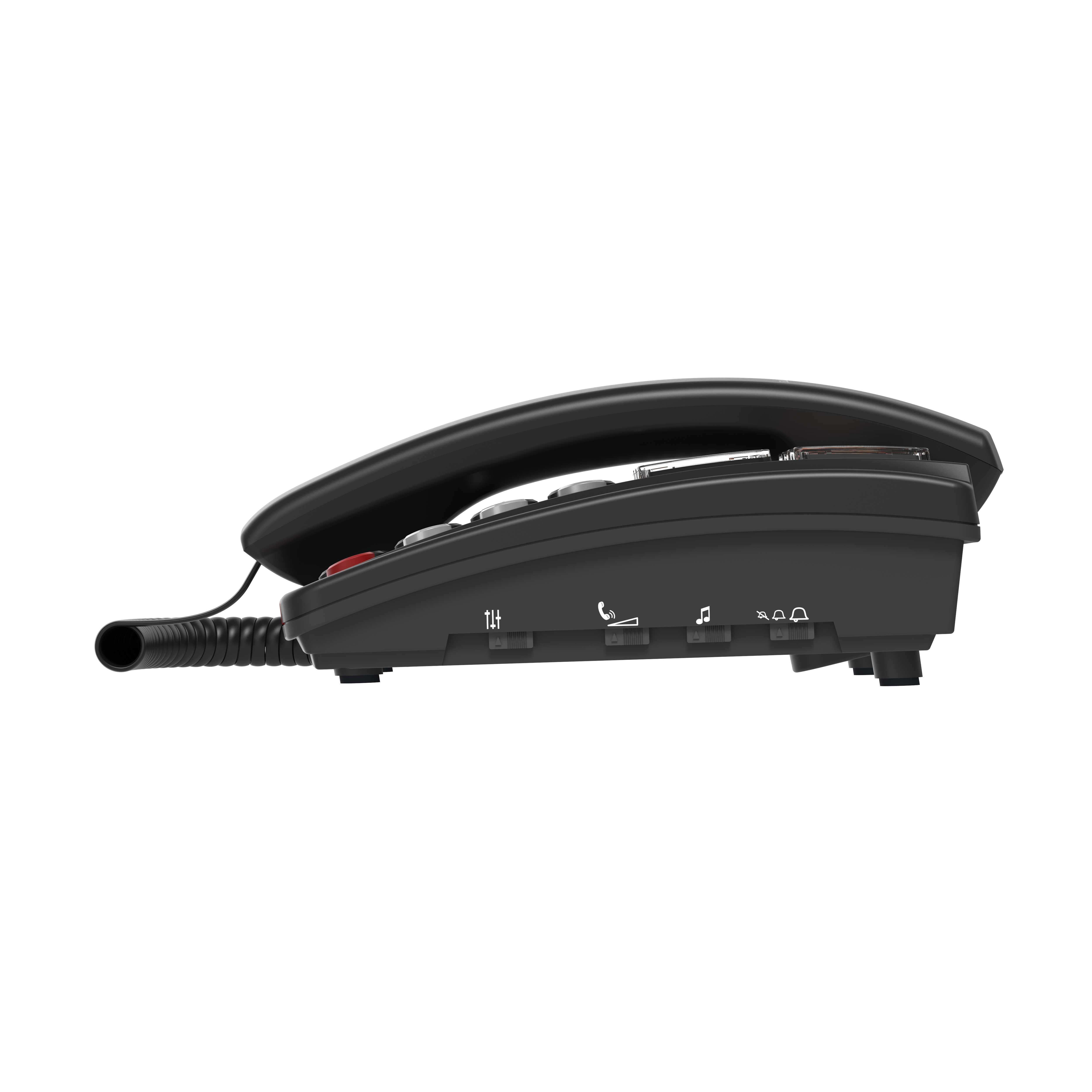 Téléphone fixe noir sur fond noir. Le téléphone a des boutons, un haut-parleur et un design incurvé.