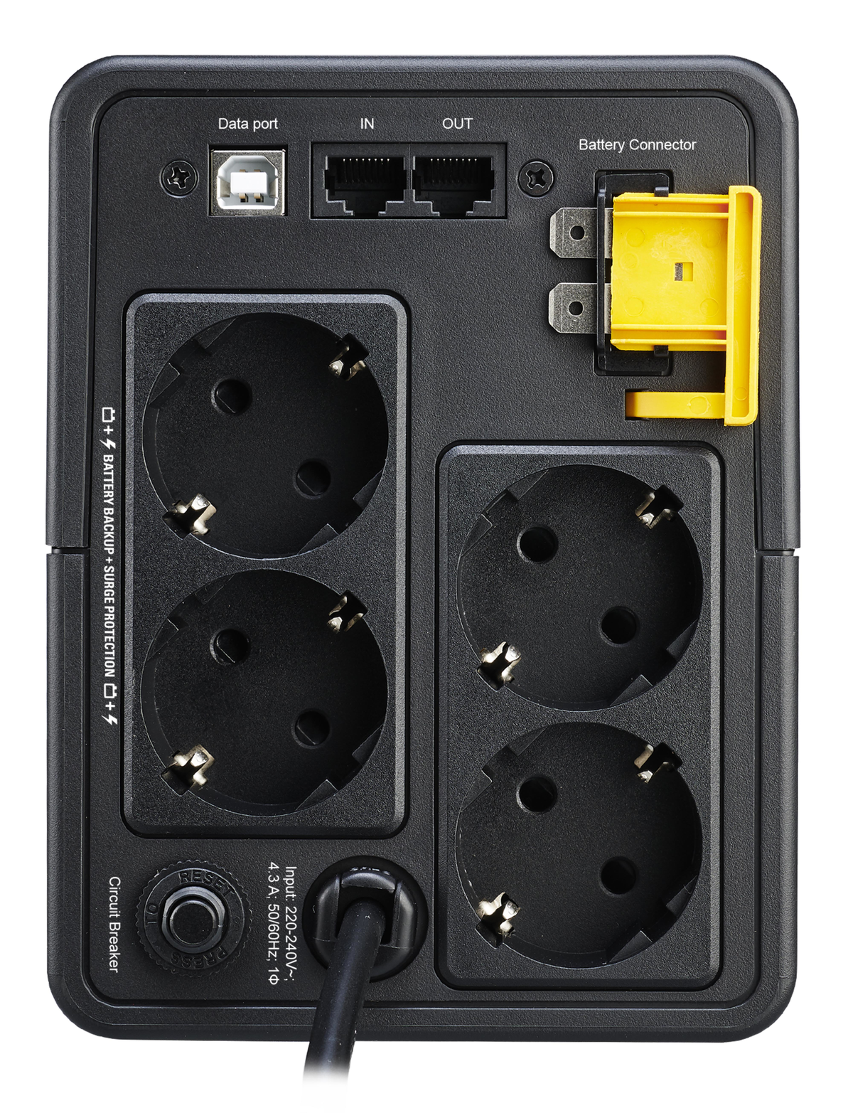 Rückansicht einer schwarzen APC USV mit Steckdosen, einem Datenanschluss und einem Batterieanschluss.