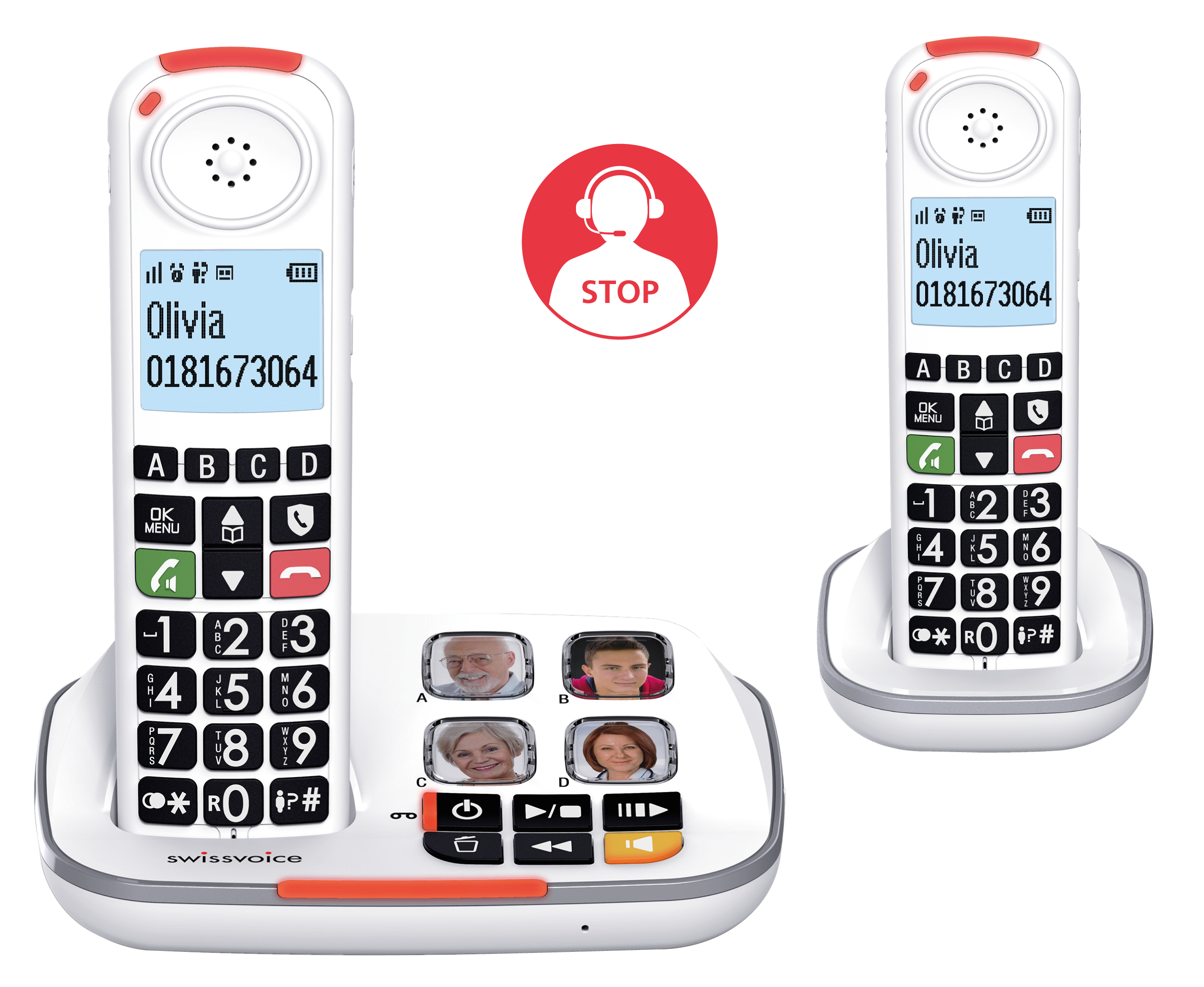 Deux téléphones blancs avec de gros boutons, un panneau stop au milieu. La base a des photos de personnes. Le téléphone est blanc et rouge.
