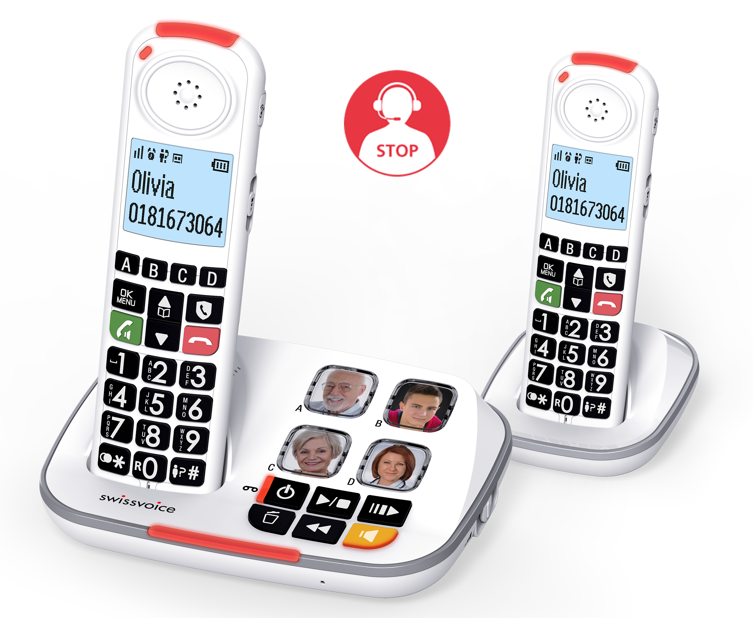 Deux téléphones blancs avec de gros boutons, un panneau stop au milieu. La base a des photos de personnes. Le téléphone est blanc et rouge.