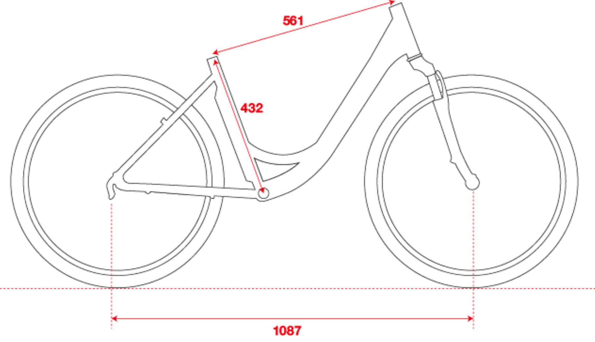 Contorno di bicicletta bianca con linee di dimensioni rosse e numeri su sfondo nero.