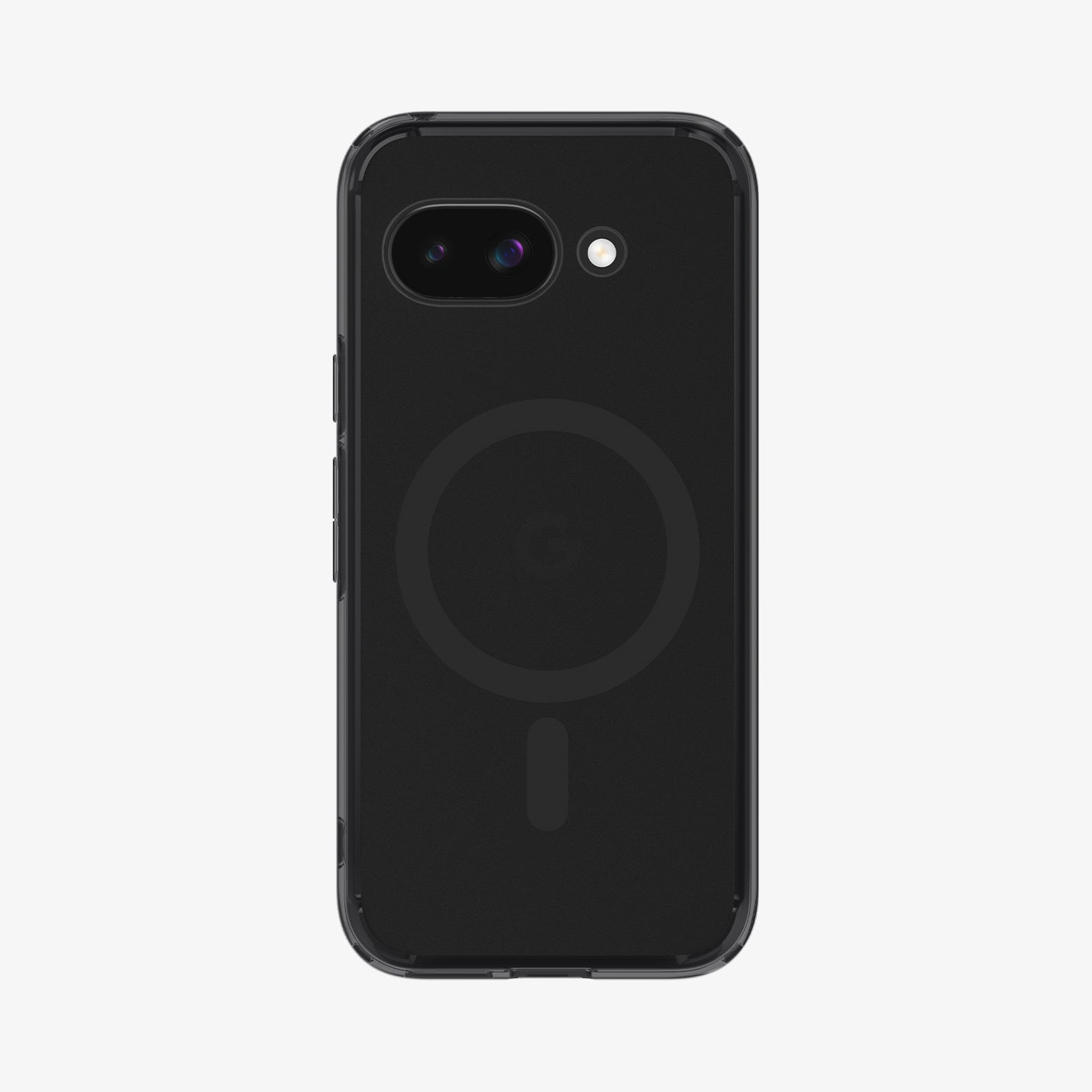 Zwarte telefoonhoes met twee lenzen en een witte cirkel. De achtergrond is wit.
