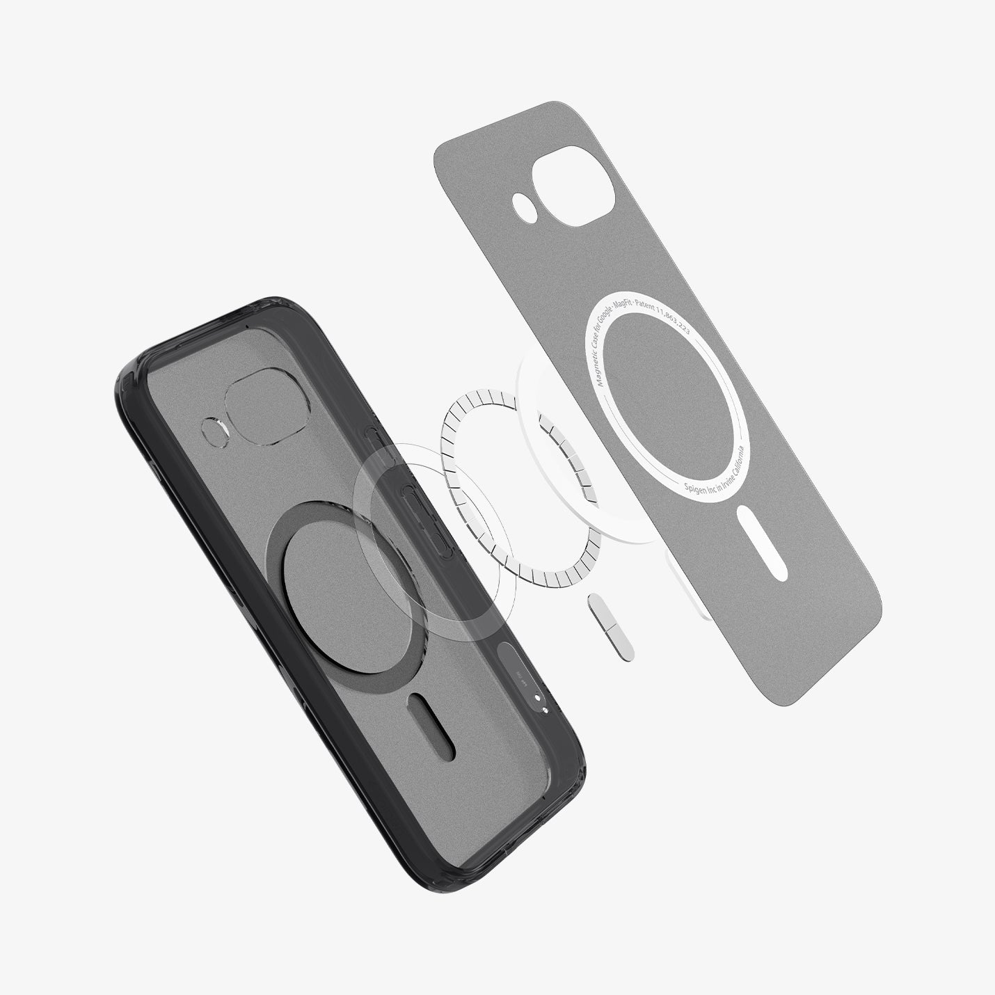 Onderdelen van een telefoonhoesje. De hoes is zwart en doorzichtig. Er is een magnetische cirkel en een telefooncontour.