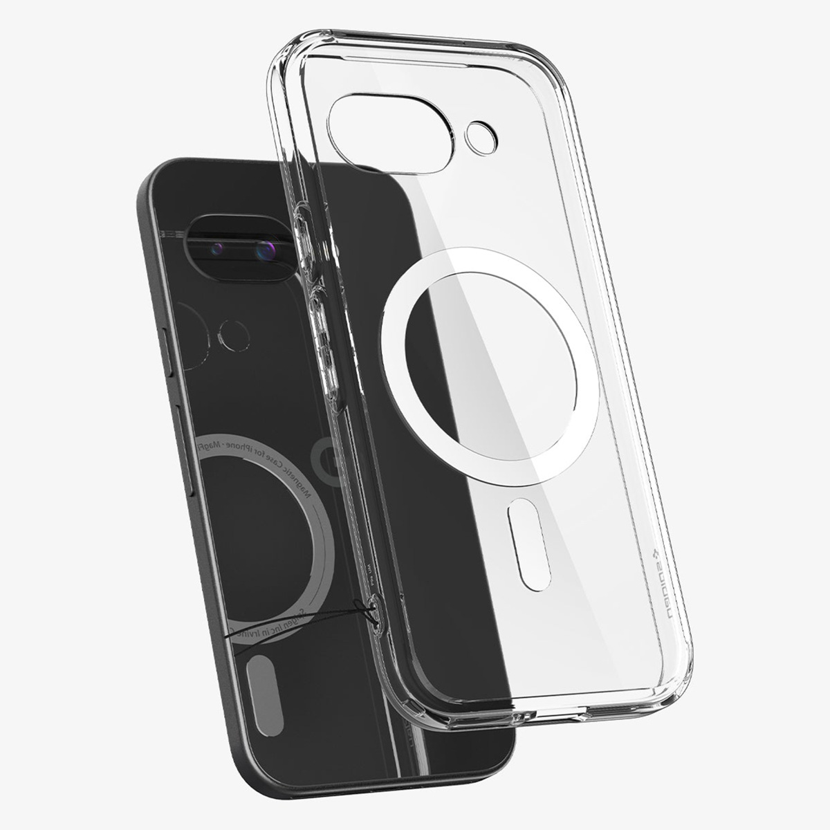 Custodia trasparente su un telefono nero. La custodia ha un cerchio bianco e un segno meno bianco.