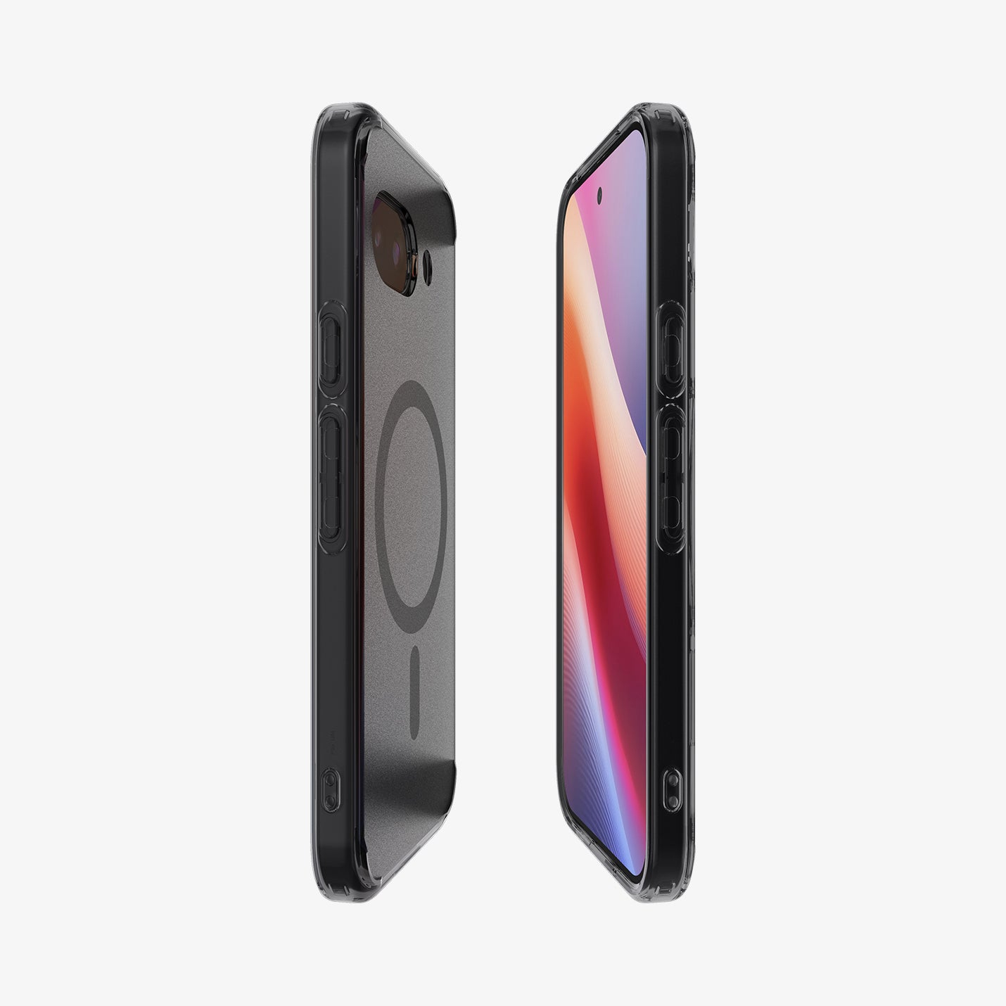 Twee telefoons met hoesjes. Eén is zwart, de ander toont een kleurrijk scherm. Beide hebben doorzichtige hoesjes.