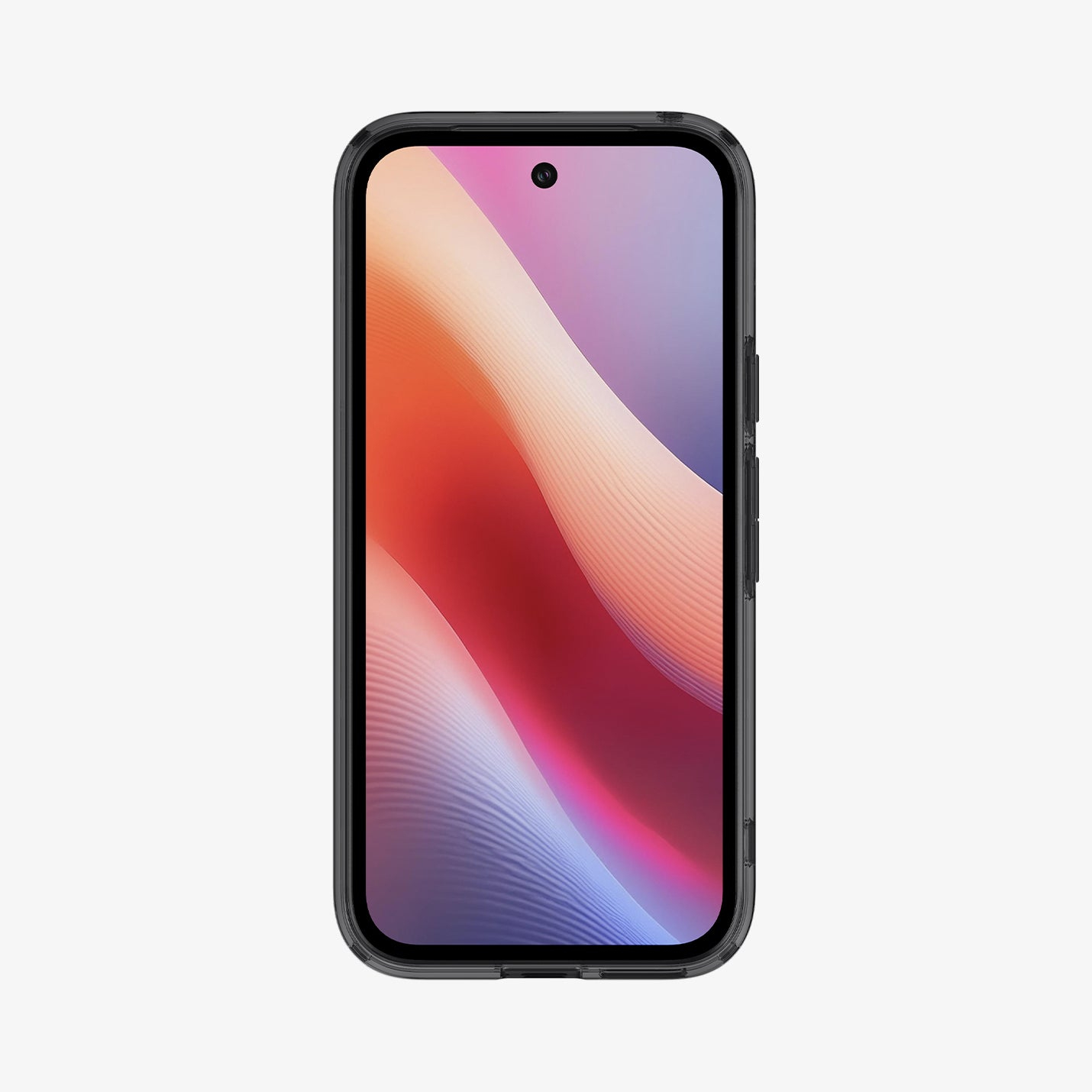 Een zwarte smartphone in een hoesje. Het scherm toont een kleurrijk abstract ontwerp. De telefoon staat op een witte achtergrond.