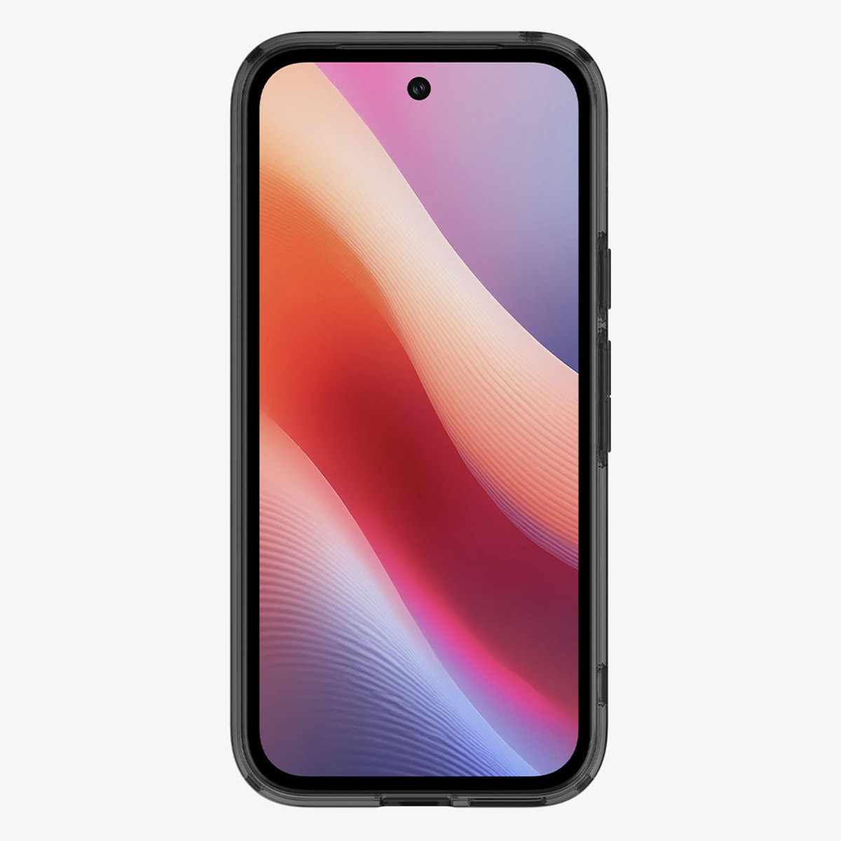 Een telefoon in een zwarte hoes. Het scherm toont een kleurrijk abstract golfontwerp.