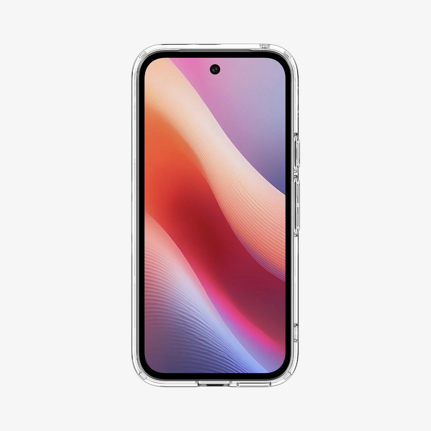 Una custodia trasparente con un telefono all'interno. Lo schermo mostra un design a onda colorato.