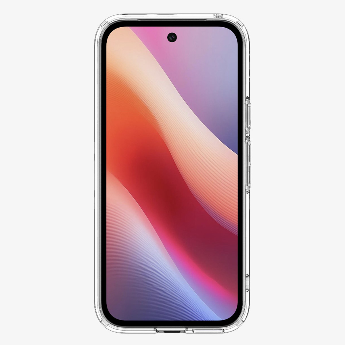 Un telefono in una custodia trasparente. Lo schermo mostra un design a onda colorato.