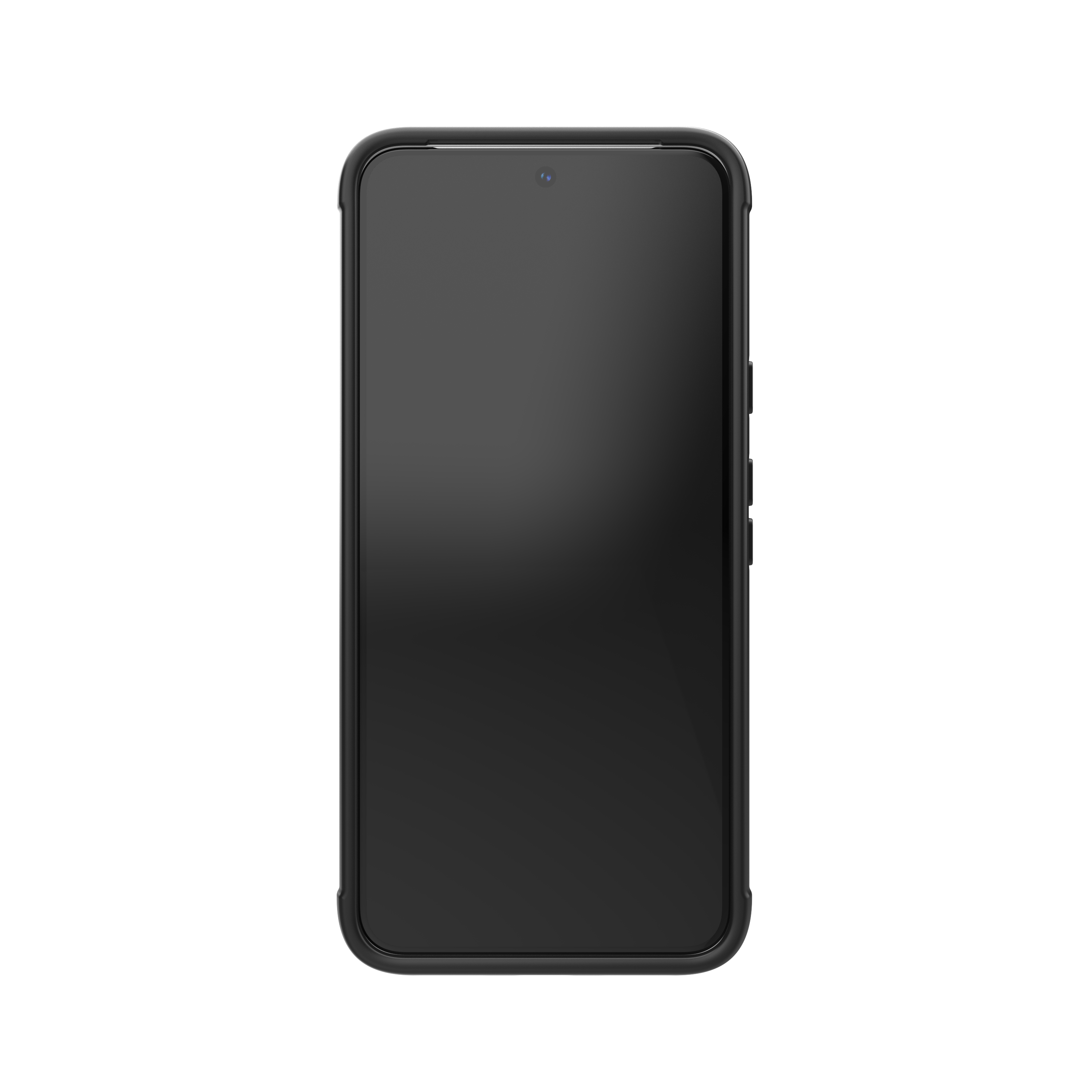 Zwarte smartphone met een zwarte hoes. Het scherm is zwart. Er zitten knoppen aan de zijkant.