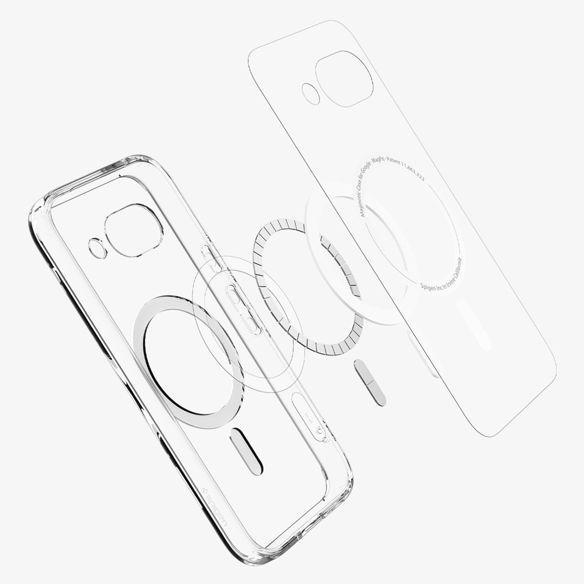 Vista esplosa di una custodia trasparente per telefono con componenti magnetici. Sfondo bianco.