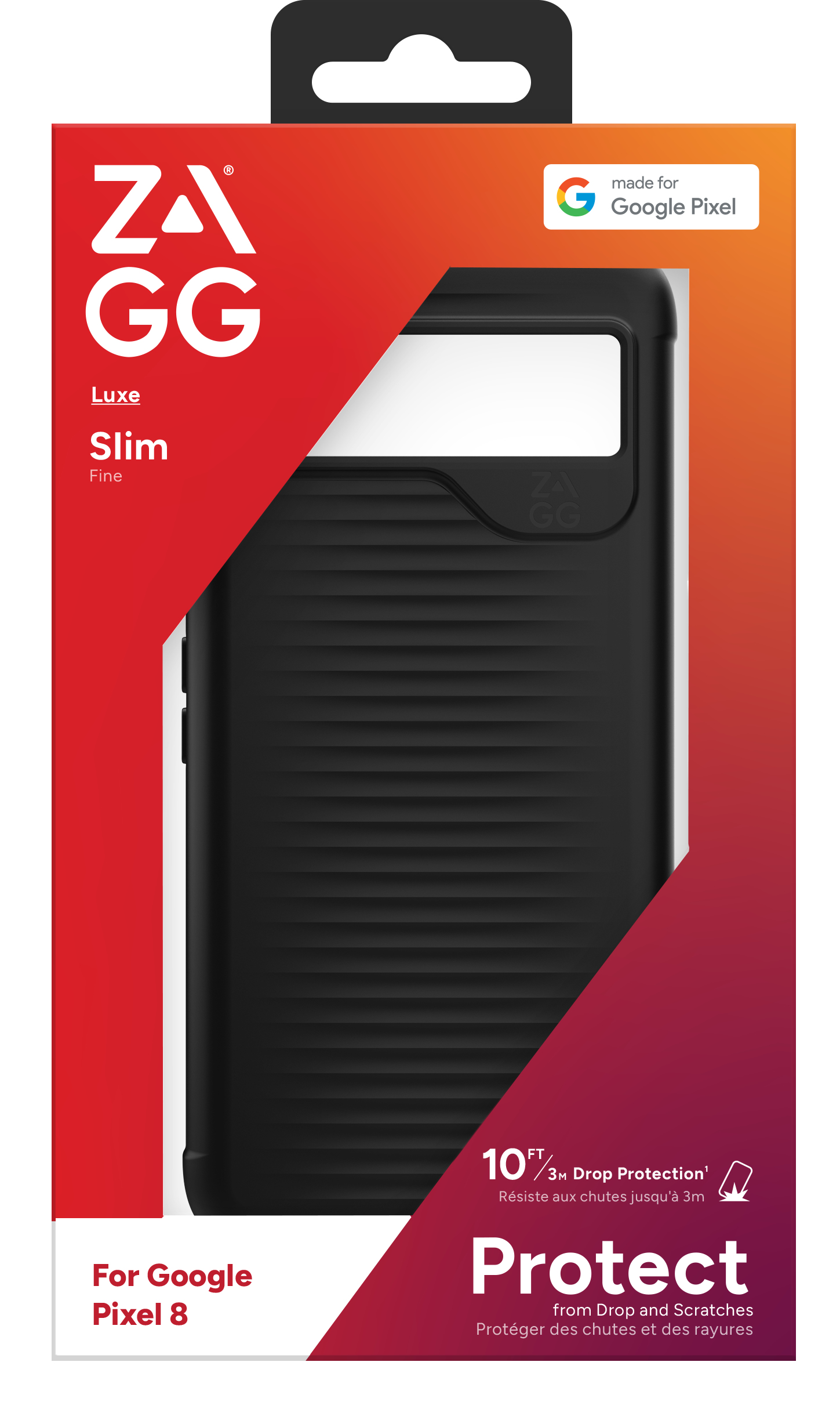 Zwarte telefoonhoesdoos met rode en oranje accenten, zwarte hoes binnenin. Tekst: ZAGG, Luxe, Slim en Google Pixel 8.