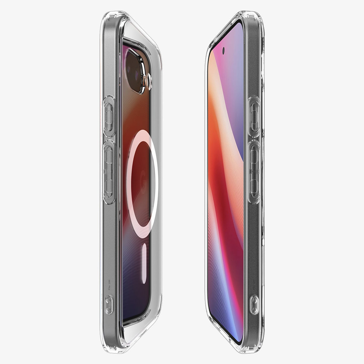 Due telefoni in custodie trasparenti, vista laterale. Uno ha un cerchio trasparente. L'altro mostra un'immagine colorata.