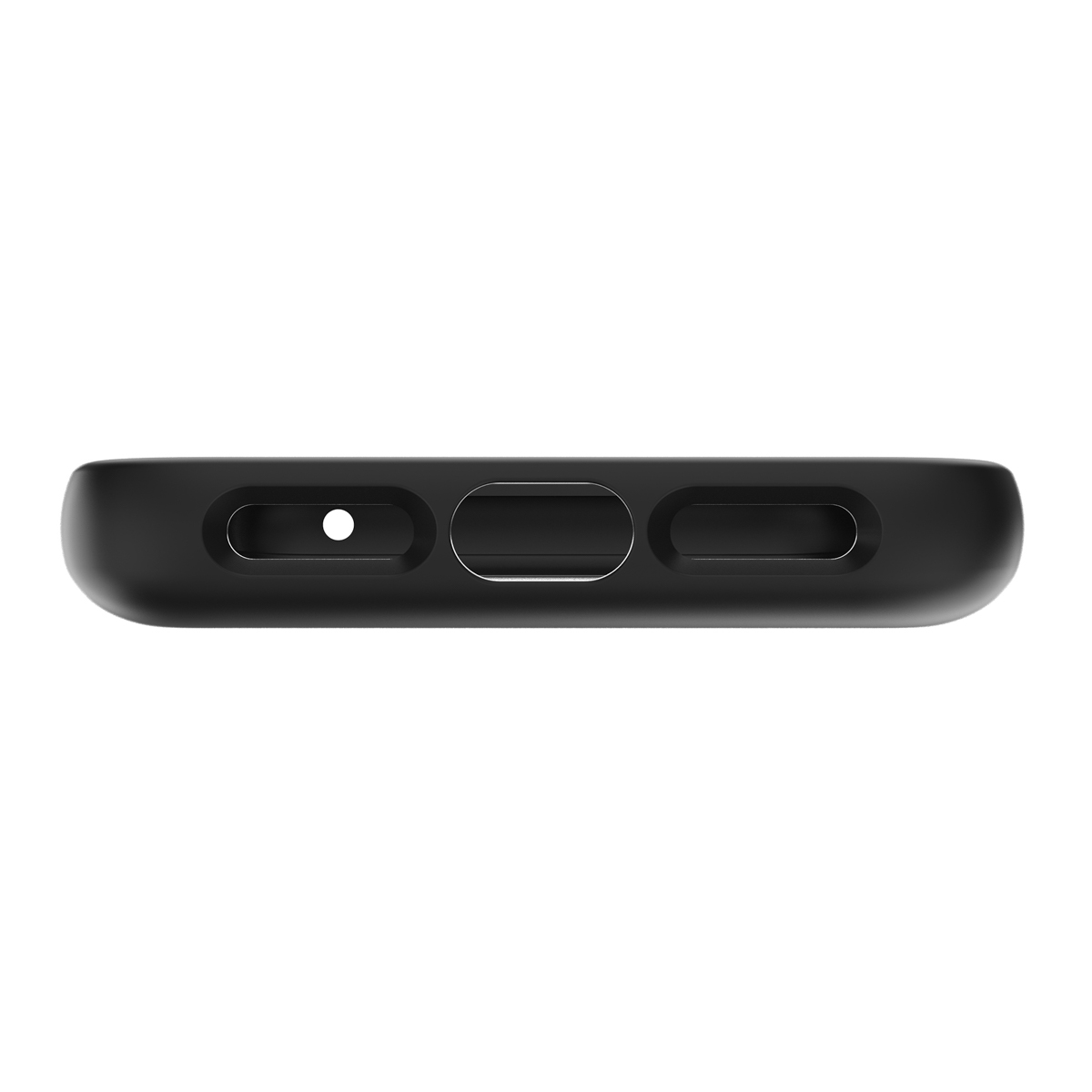 Zwarte telefoonhoesbodem met gaten voor poorten. Een klein gat, een lange sleuf en nog een sleuf zijn zichtbaar.