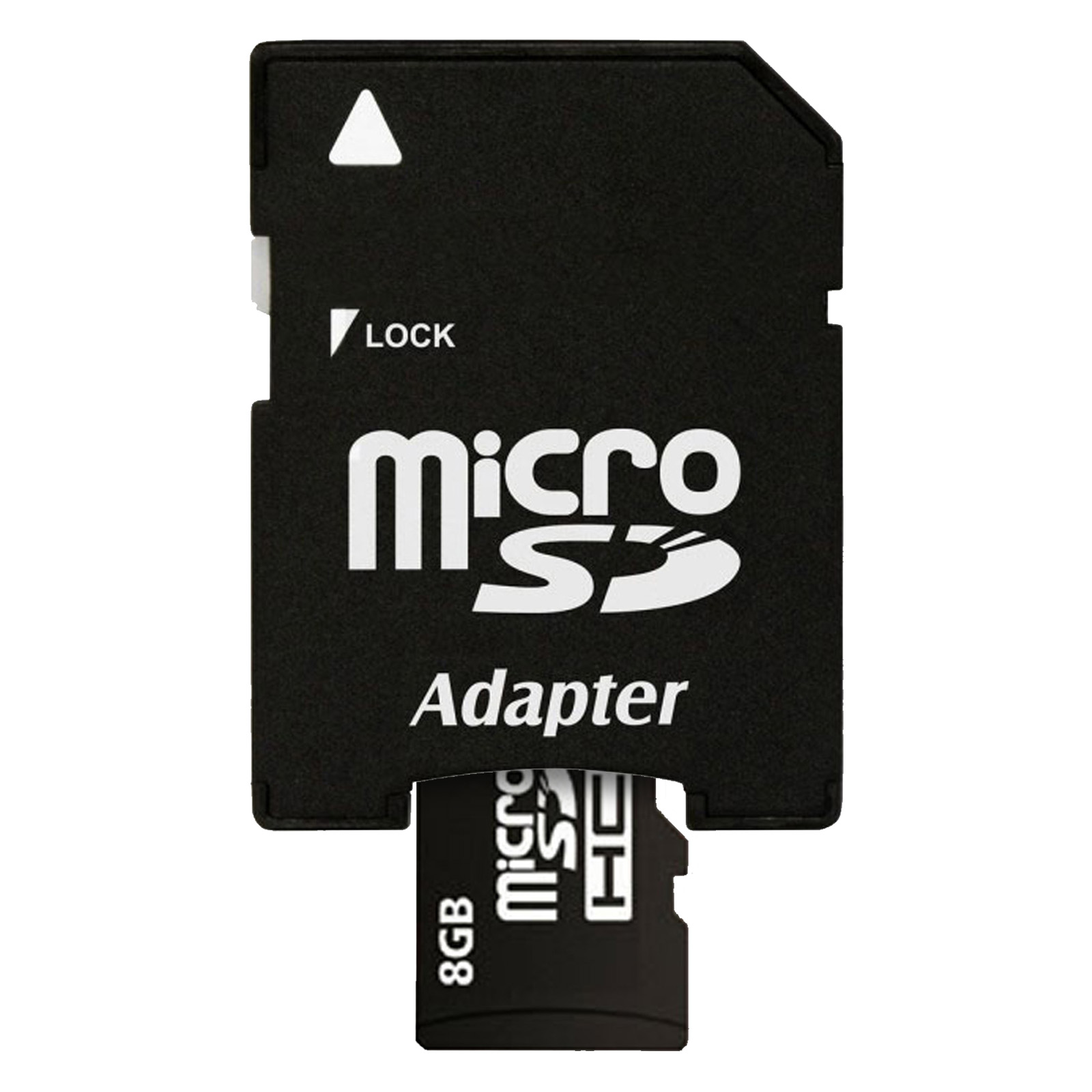 Schwarze Micro-SD-Karte und Adapter. Die Karte ist in den Adapter eingesetzt. Der Adapter hat die Aufschrift 'micro SD'.