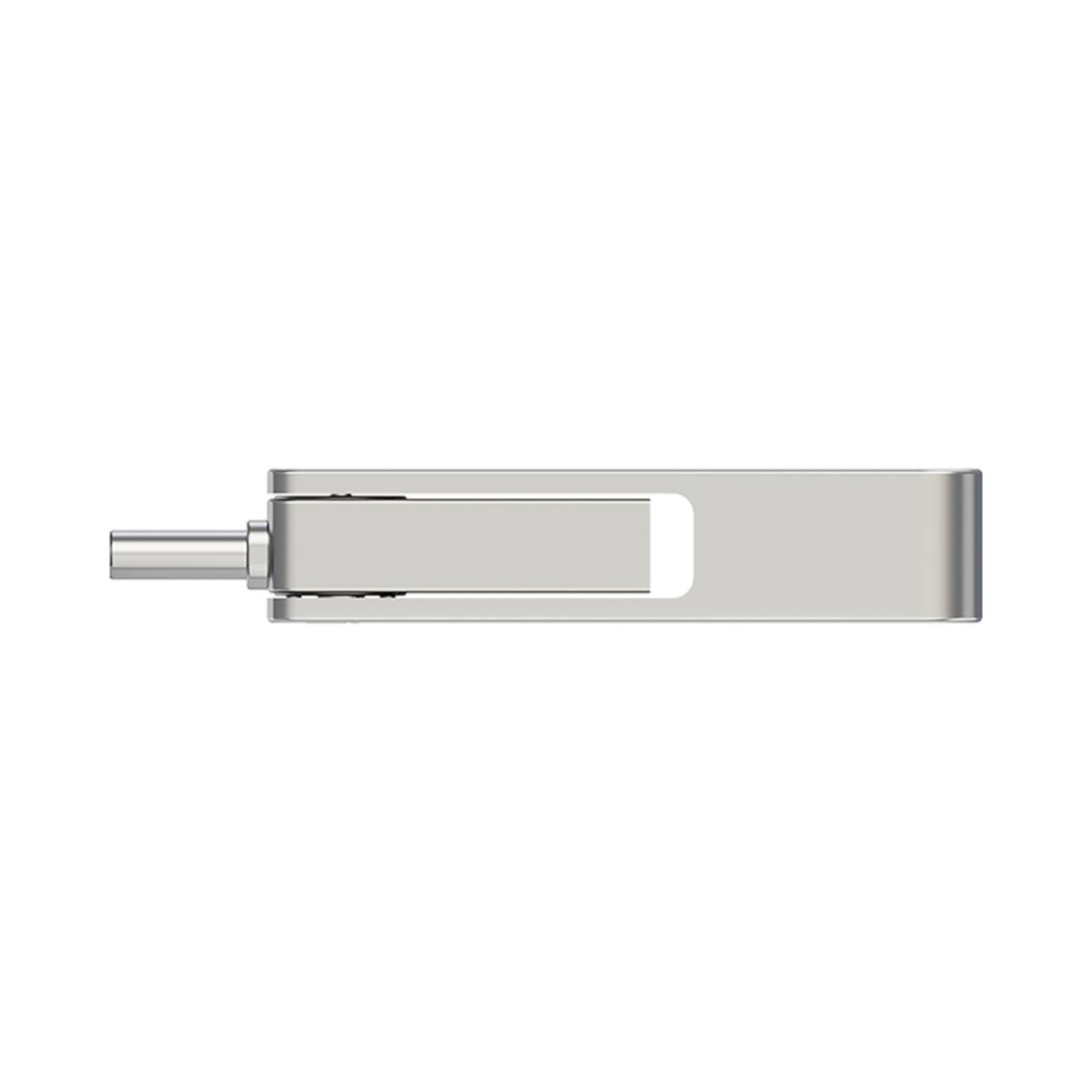 Clé USB argentée vue de côté. Le lecteur dispose d'un connecteur USB-C. Le fond est blanc.