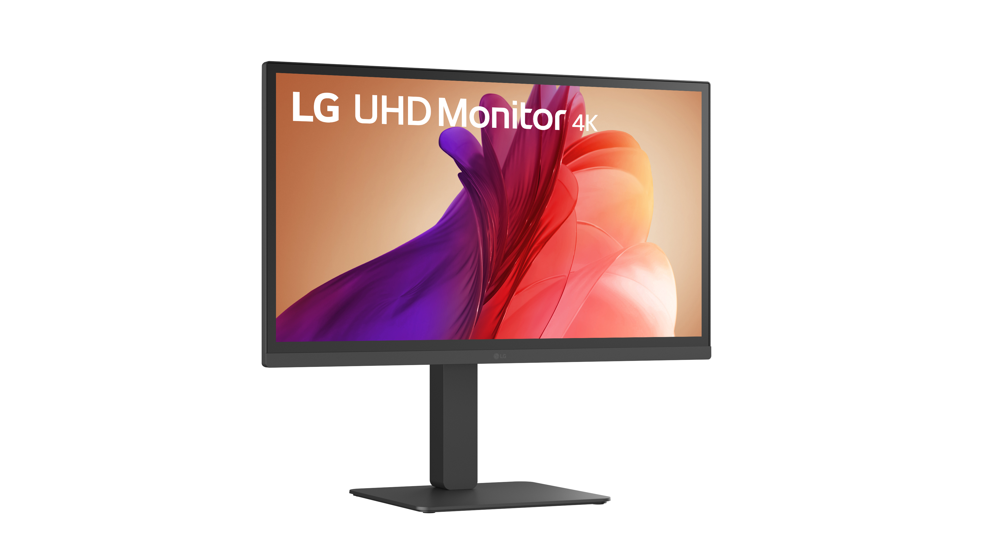 LG UHD 4K monitor on a stand. The screen displays a colorful abstract design. The background is white.