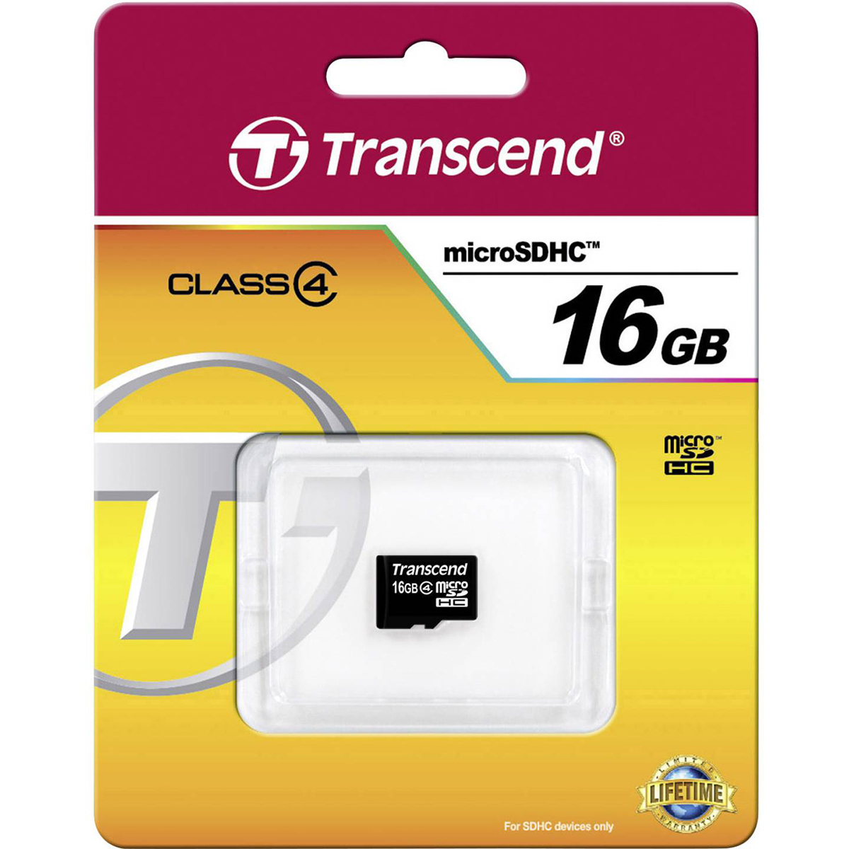 Embalaje de tarjeta Transcend Micro SD. La tarjeta es visible en un soporte de plástico. El embalaje tiene la etiqueta '16GB'.