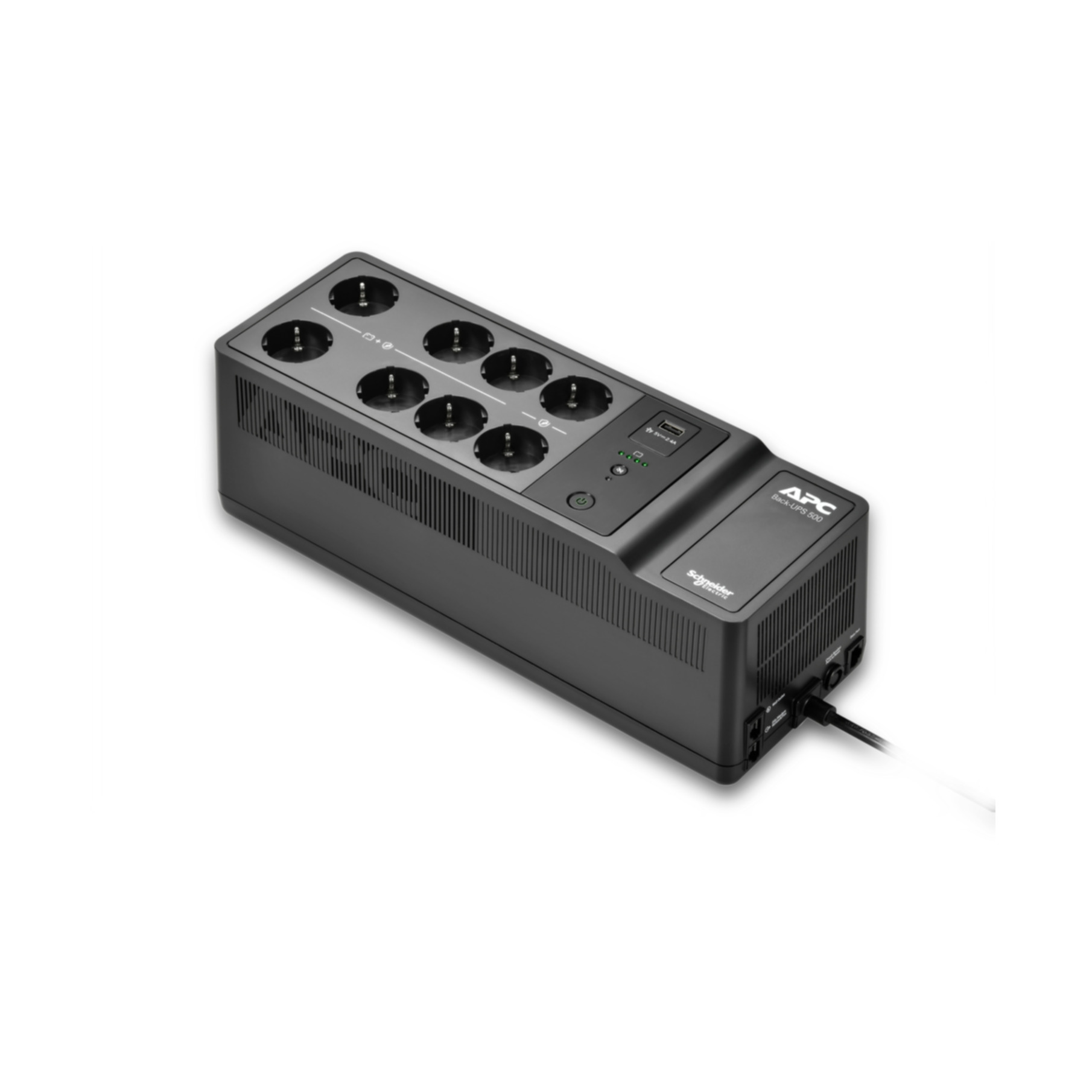 Viene mostrato un limitatore di sovratensione APC nero, dotato di prese multiple, porte USB e interruttore di alimentazione.