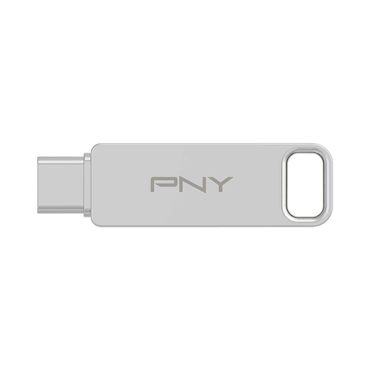 Clé USB PNY argentée avec une boucle sur le dessus. Le fond est blanc. Le lecteur est en position droite.