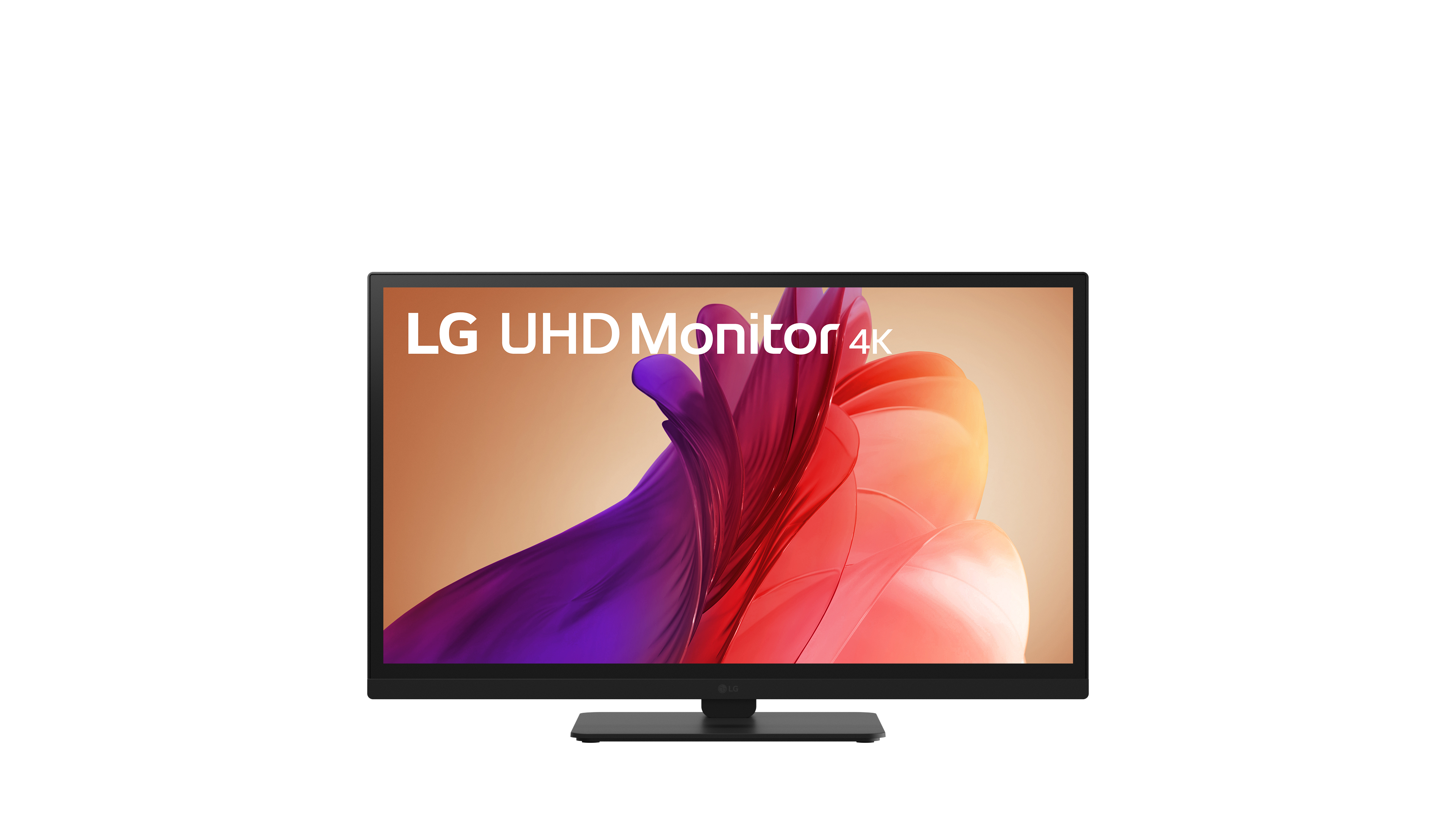 A black LG UHD 4K monitor is displayed with a colorful abstract image on the screen.