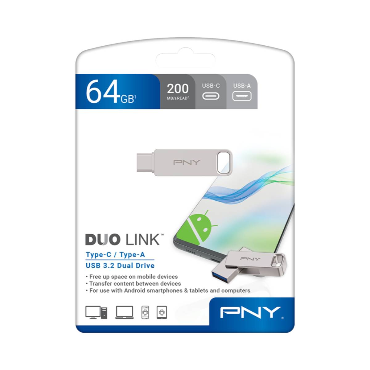 Emballage de clé USB PNY. L'emballage montre une clé USB et un téléphone. Il porte les mentions '64 Go' et 'USB 3.2'.