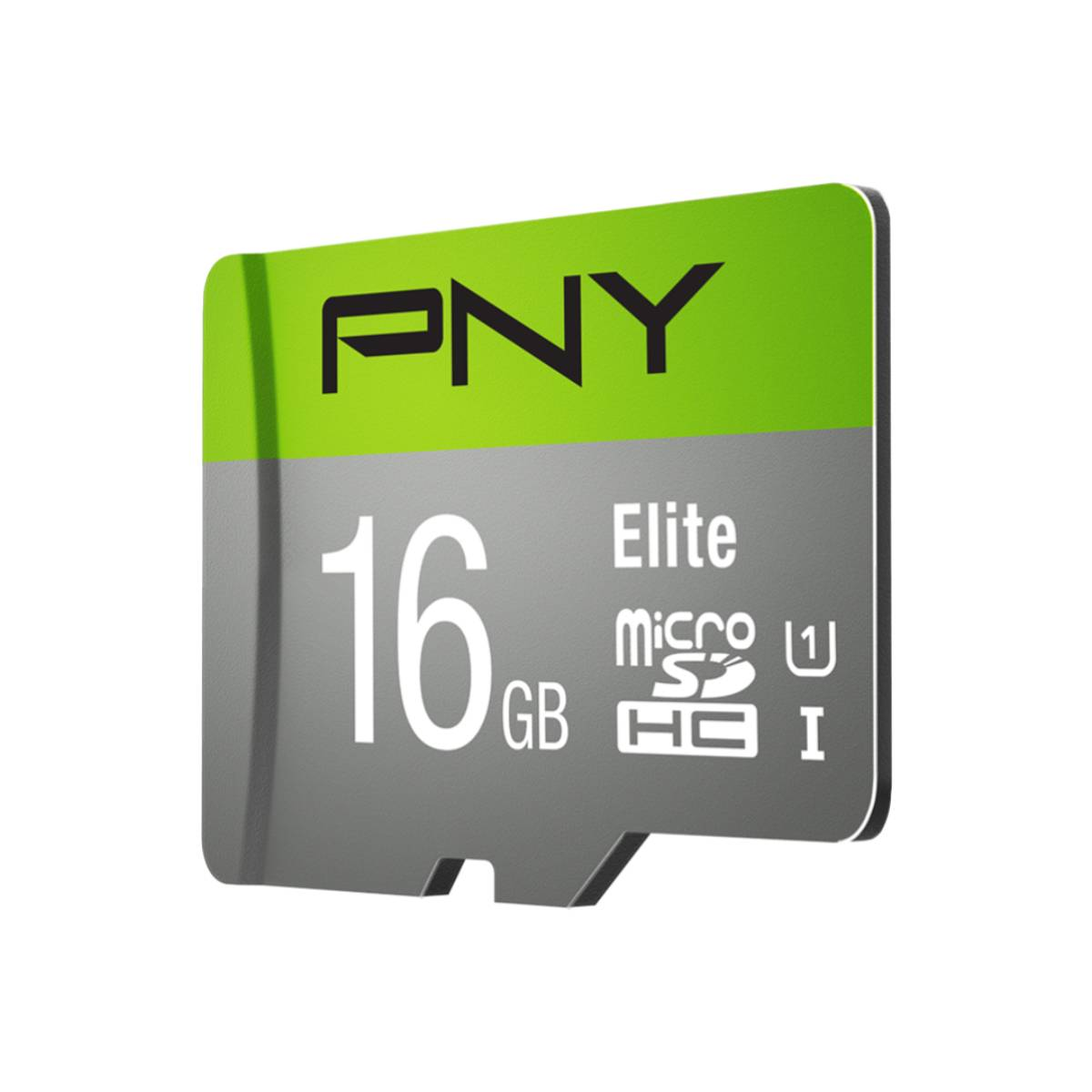 Se muestra una tarjeta Micro SD PNY Elite de 16 GB en ángulo, con colores verde y gris sobre un fondo blanco.