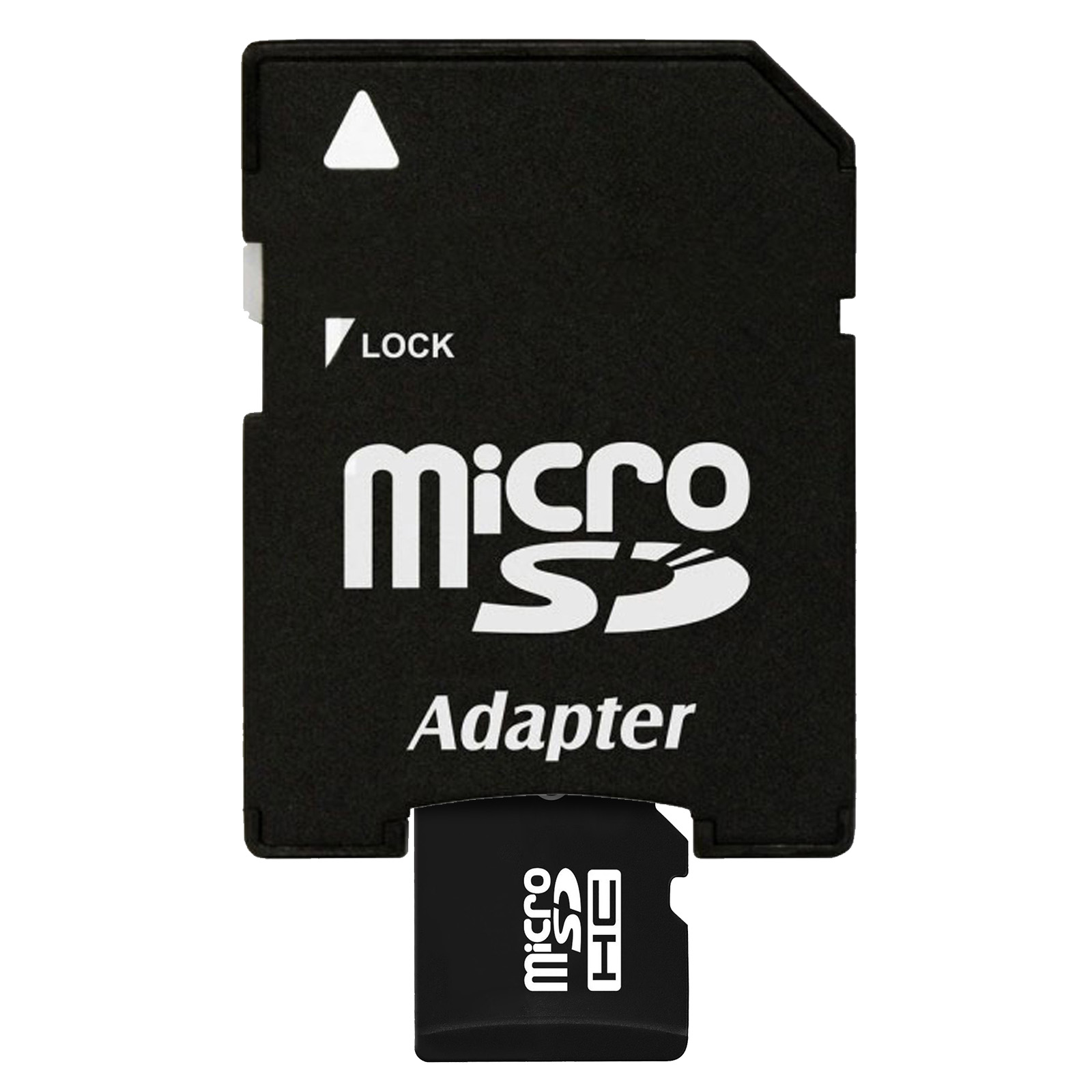 Eine microSD-Karte und ein Adapter werden angezeigt, die einen Verriegelungsschalter und das Micro SD Adapter-Logo enthalten.