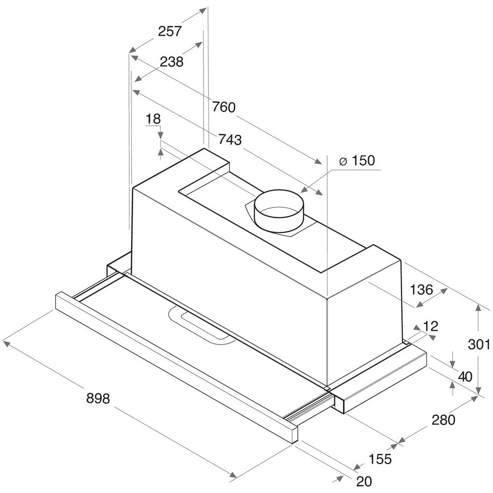 Un disegno tecnico di una cappa con dimensioni e misure per l'installazione.