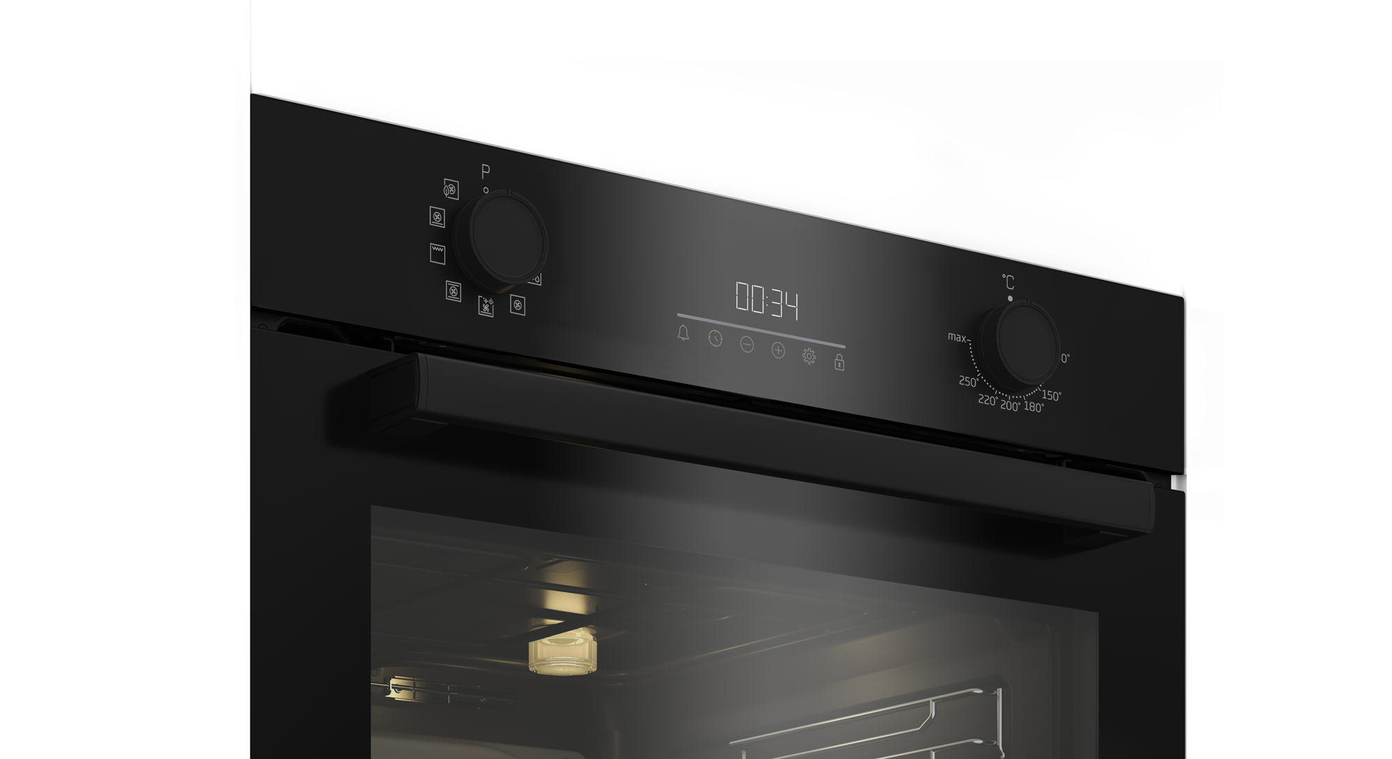 Primo piano del pannello di controllo di un forno nero con manopole, display 00:34 e impostazioni di temperatura.