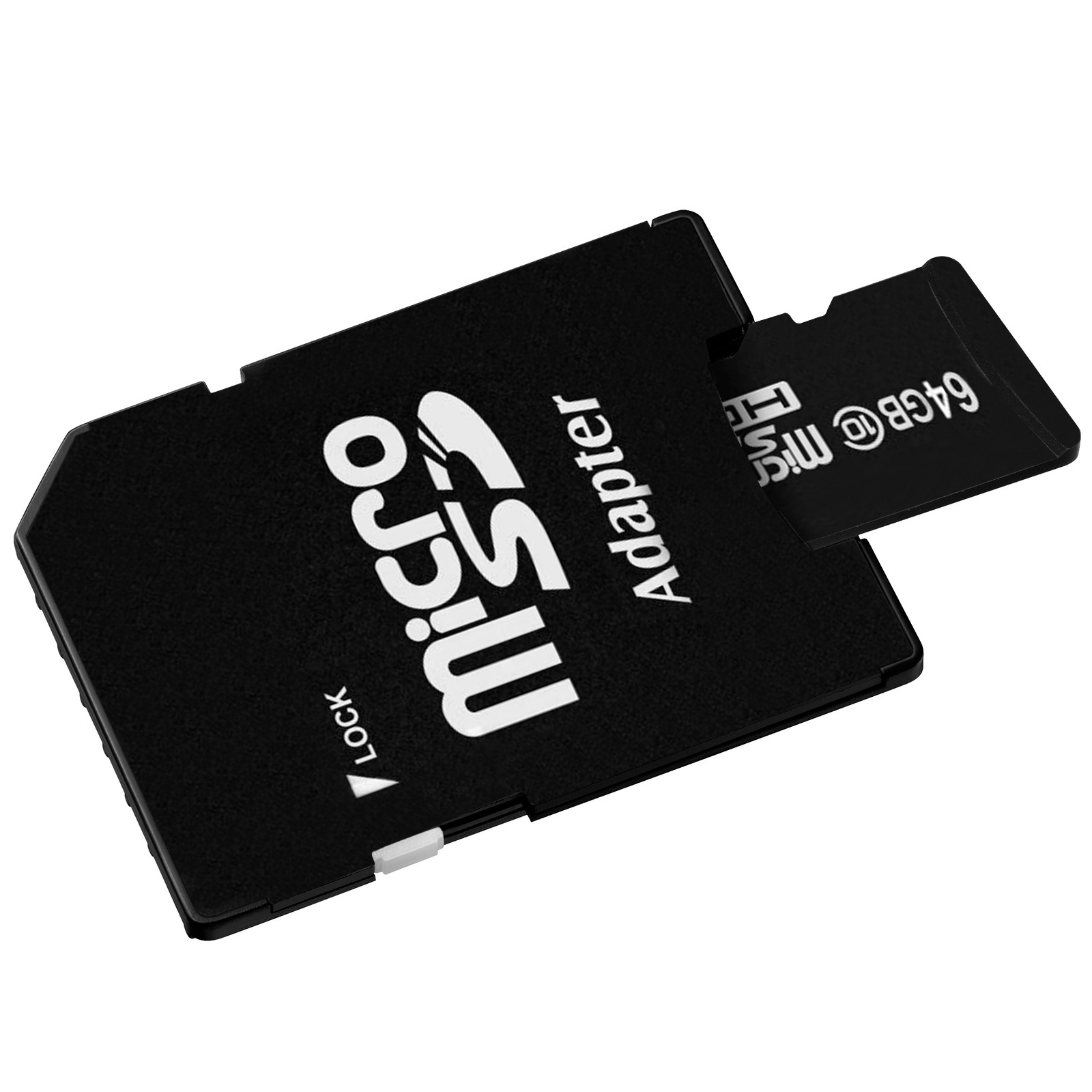 Eine schwarze Micro-SD-Karte und ein Adapter. Die Karte ist mit 64GB beschriftet, der Adapter mit 'Adapter'.