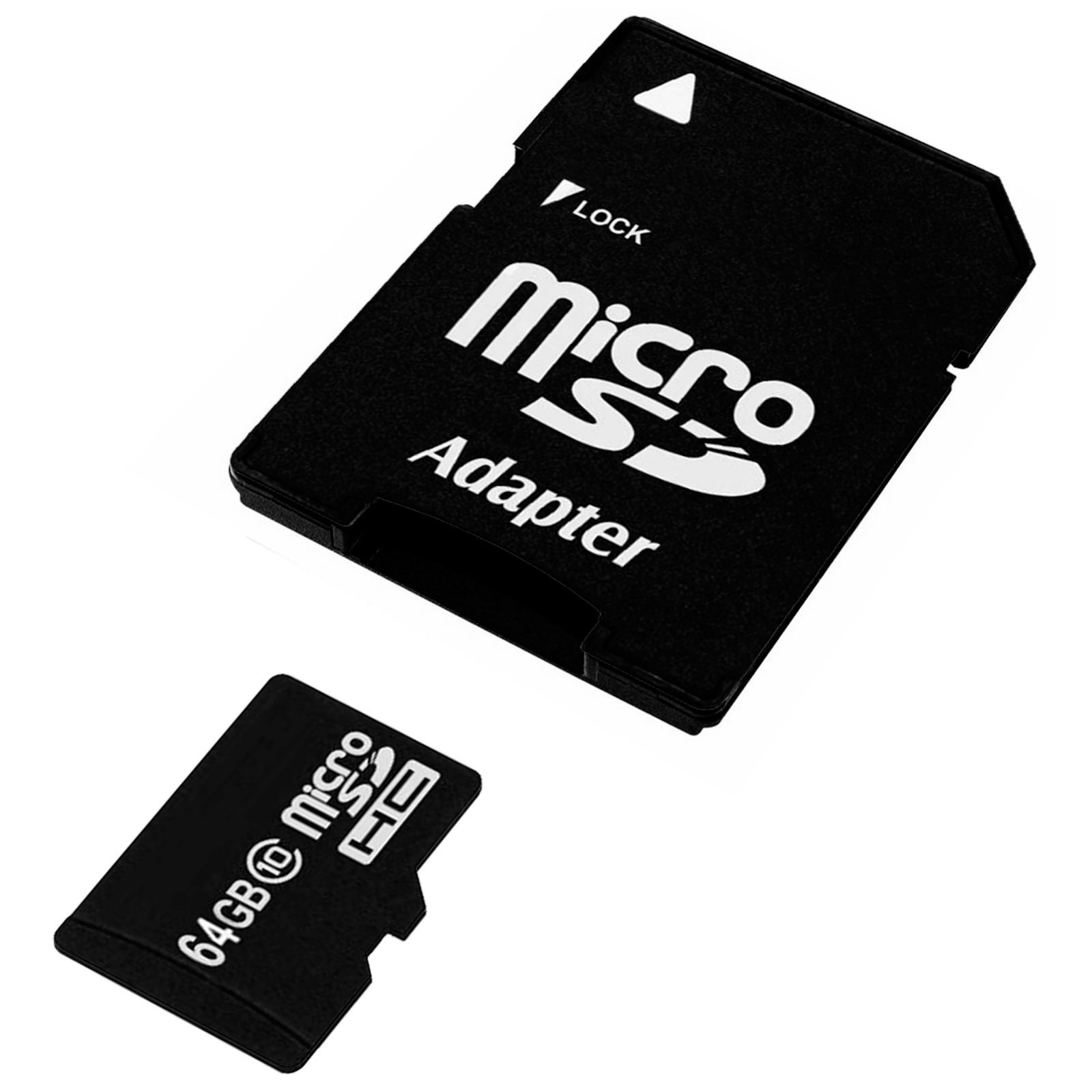 Eine schwarze Micro-SD-Karte und ein Adapter. Die Karte ist mit 64GB beschriftet, der Adapter mit 'Adapter'.