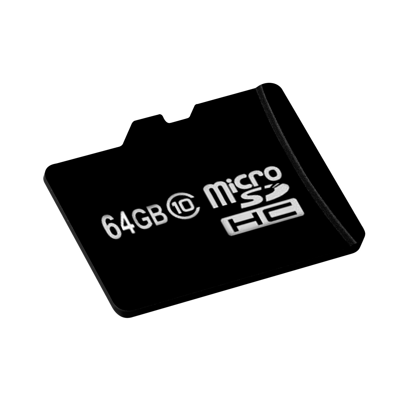 Schwarze Micro-SD-Karte mit 64 GB und Micro-HC-Markierungen, isoliert auf weißem Hintergrund.