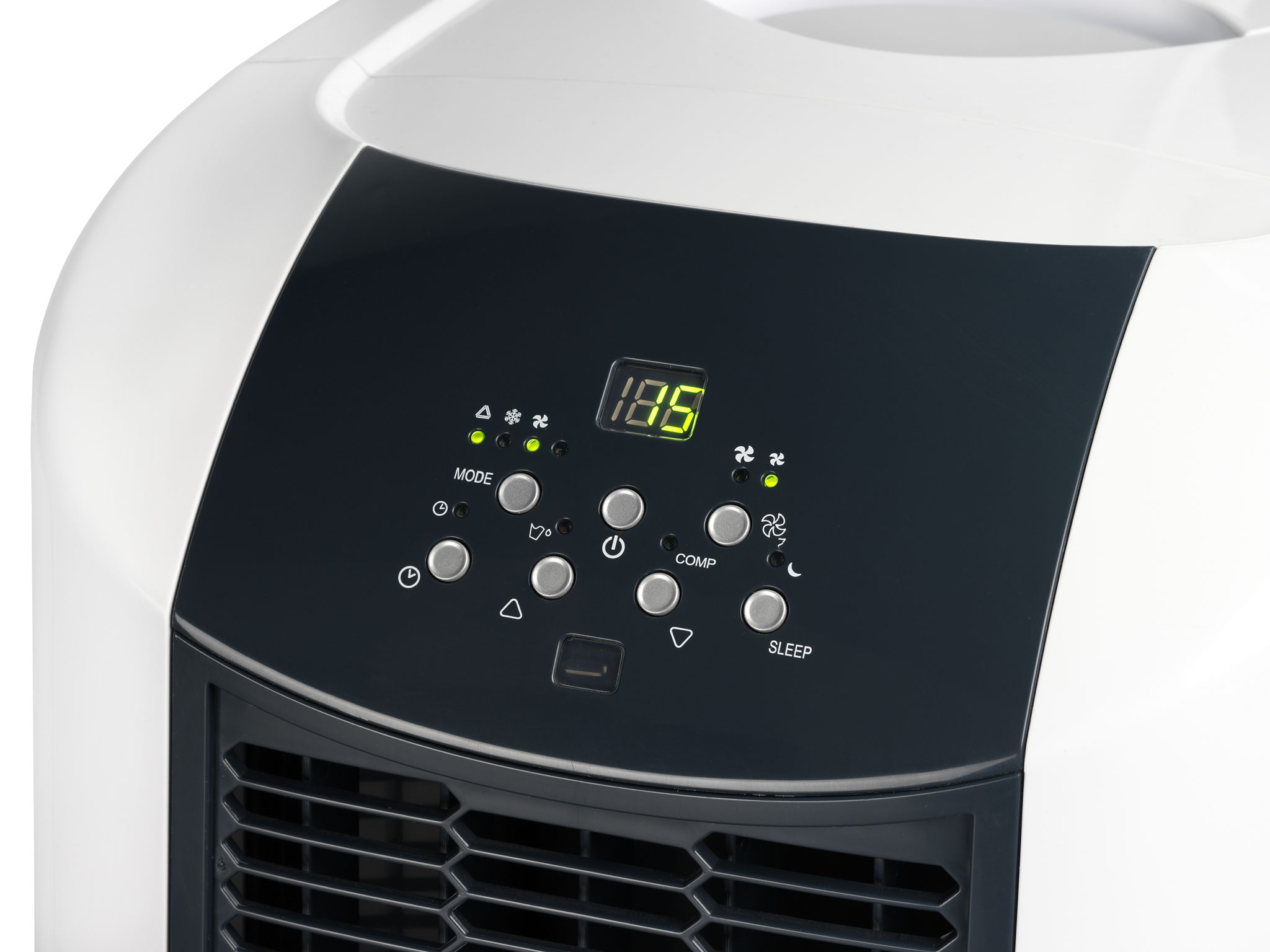 Close-up van een bedieningspaneel van een airconditioner, met instellingen voor modus, ventilator en slaapfuncties.