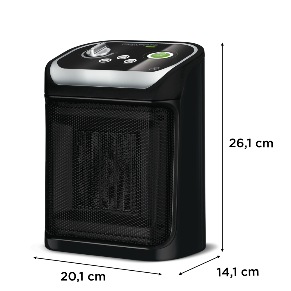 Czarny i srebrny grzejnik elektryczny. Ma siatkowy przód, górny panel sterowania i oznaczone wymiary.