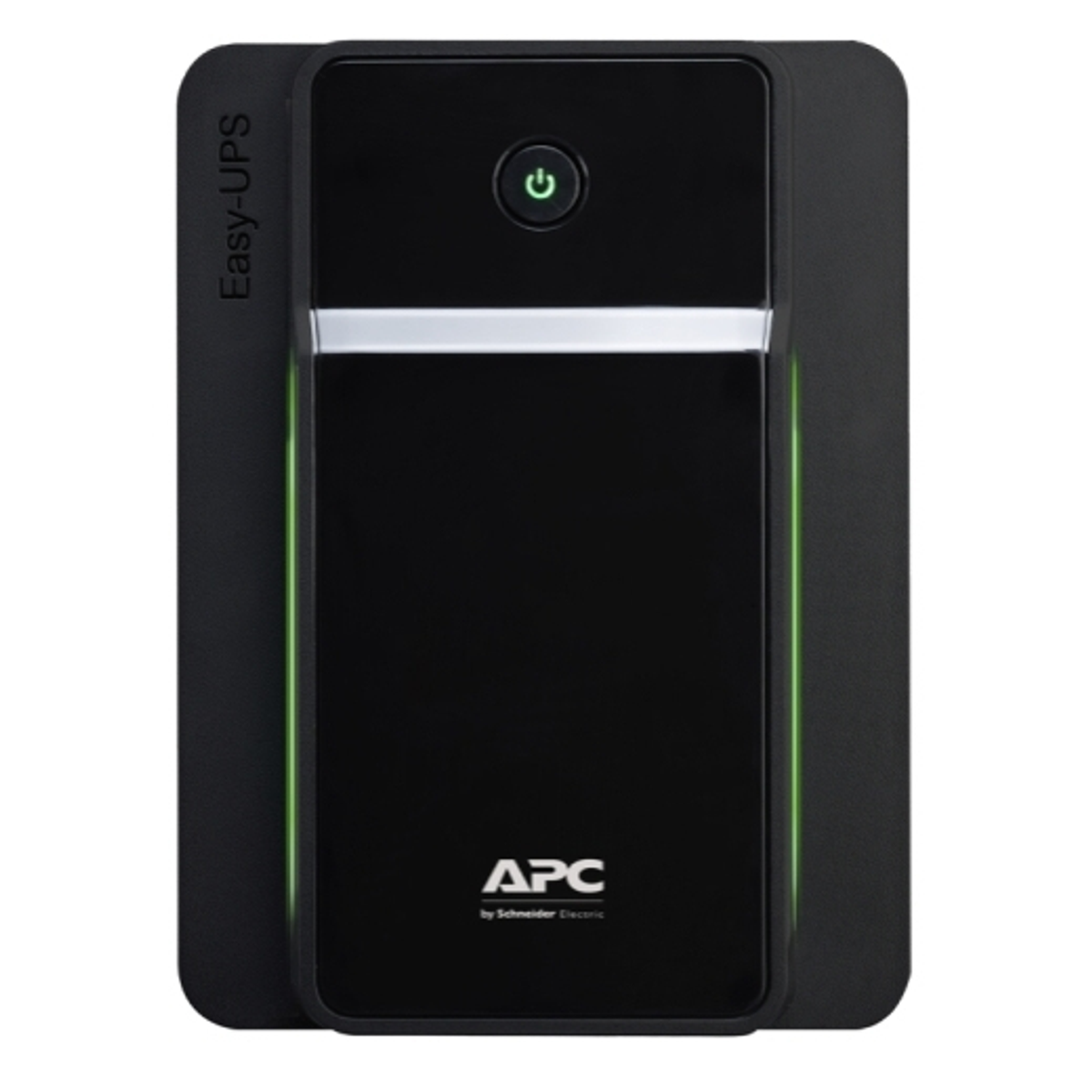 Schwarze APC Easy-USV. Rechteckiges Design, grüner Einschaltknopf, grüne Lichtstreifen an den Seiten. APC-Logo.