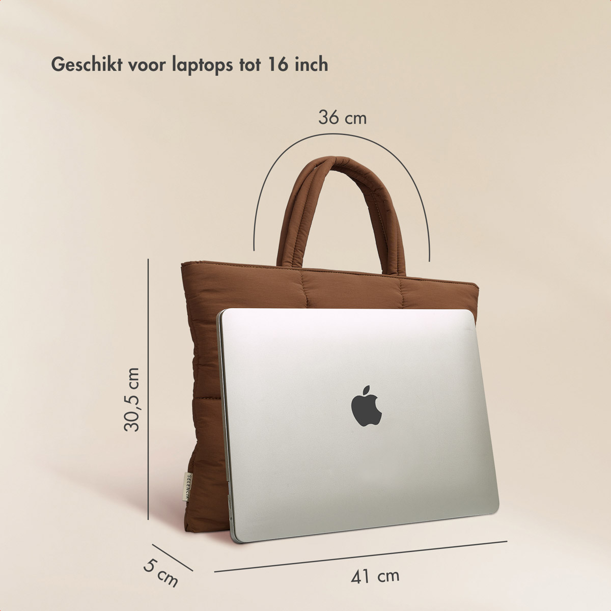 Brown quilted tote bag with laptop. Dimensions are displayed. Text says: suitable for laptops up to 16 inch.