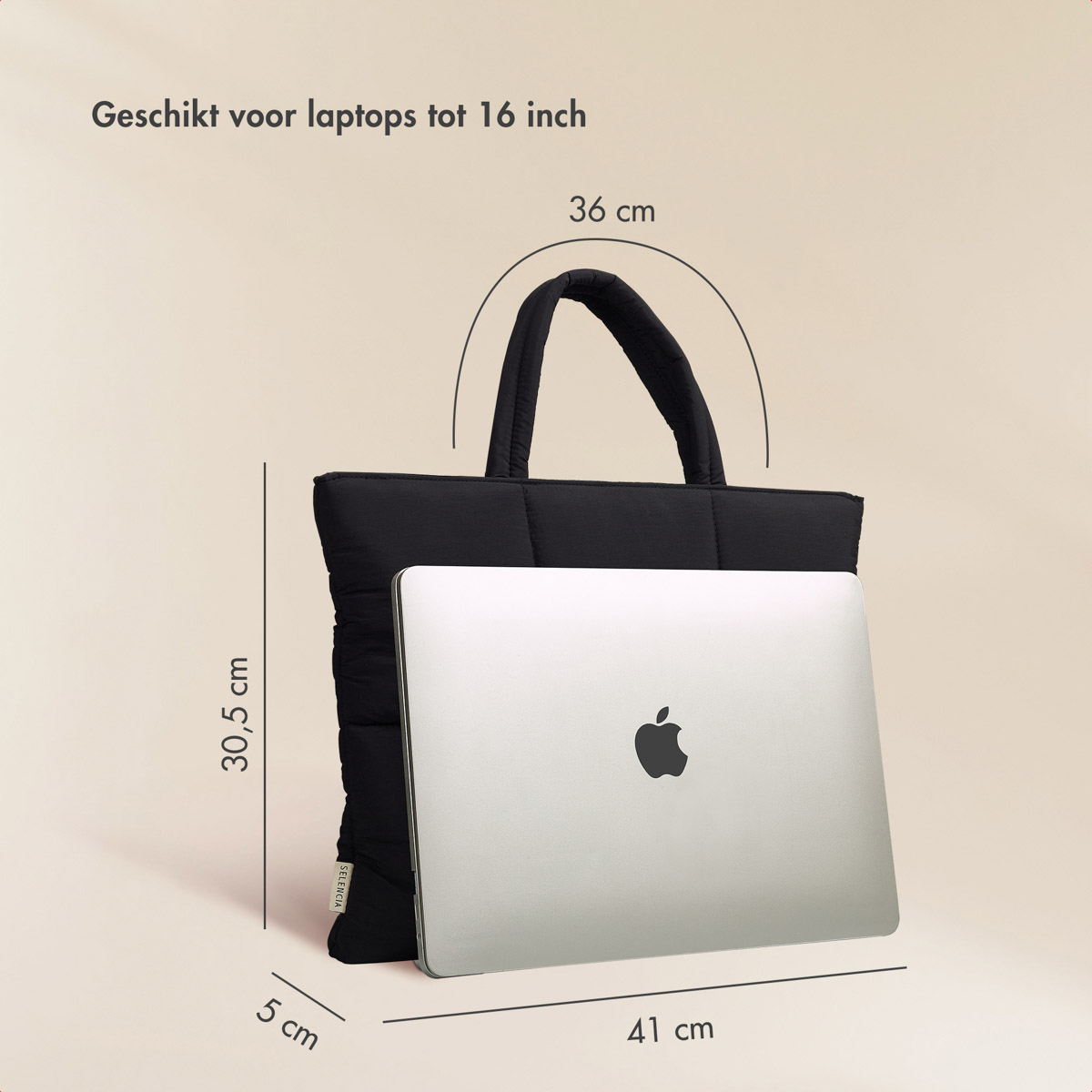 Black quilted tote bag with laptop. Dimensions are displayed. Text says: suitable for laptops up to 16 inch.
