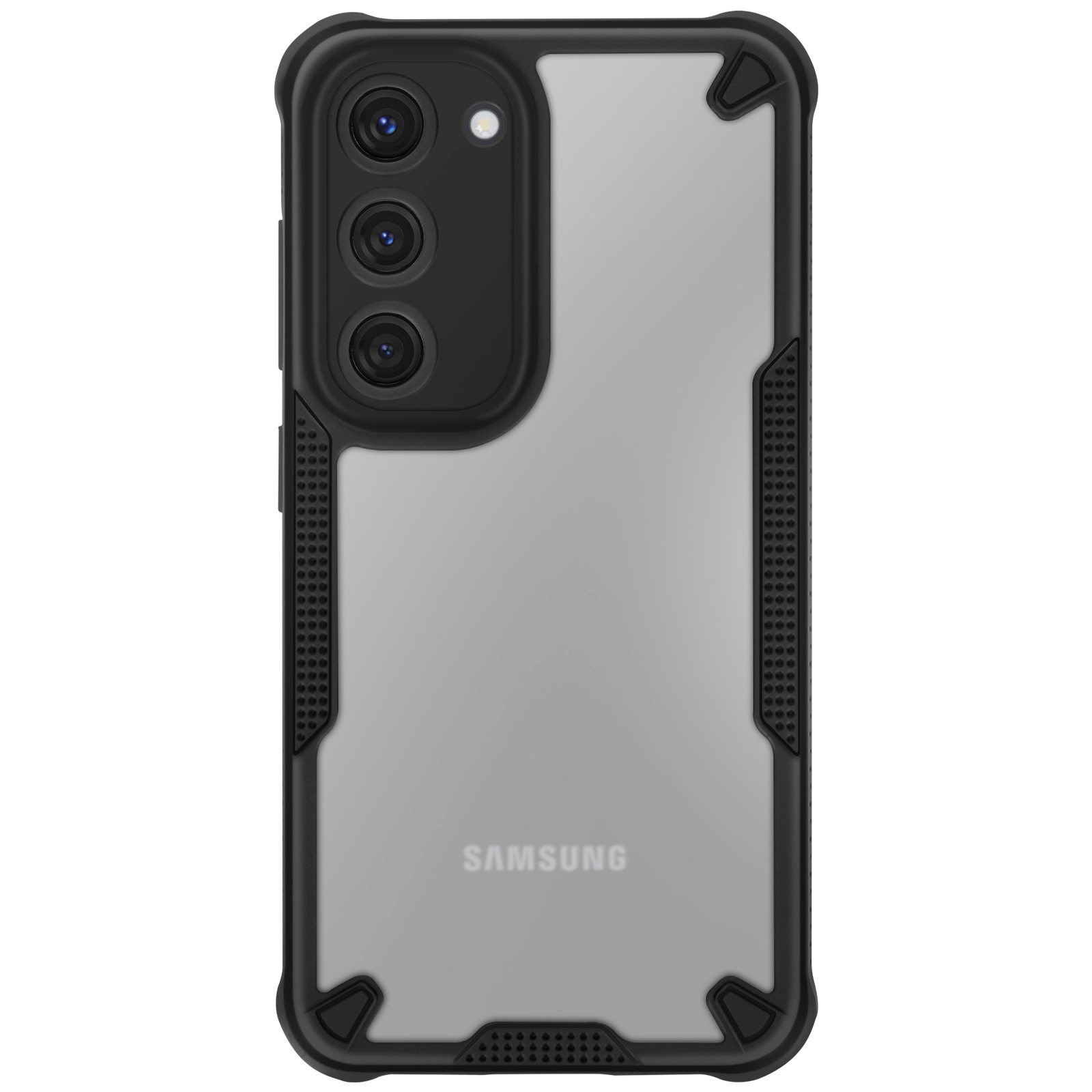 Custodia nera per telefono Samsung. Retro trasparente con cornice nera. Logo Samsung. Tre obiettivi della fotocamera. Sfondo bianco.