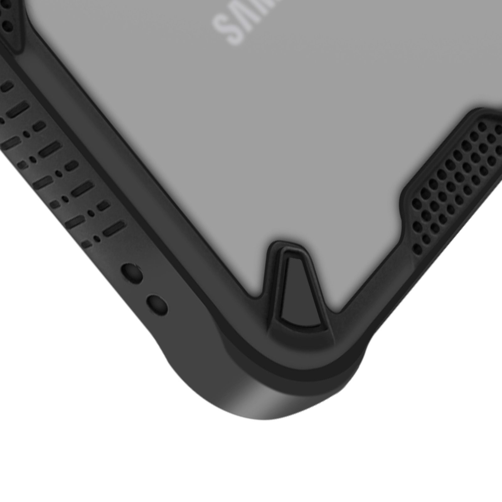 Primo piano di una custodia nera per telefono con fori per pulsanti e fotocamera. Lo schermo è visibile attraverso la custodia.