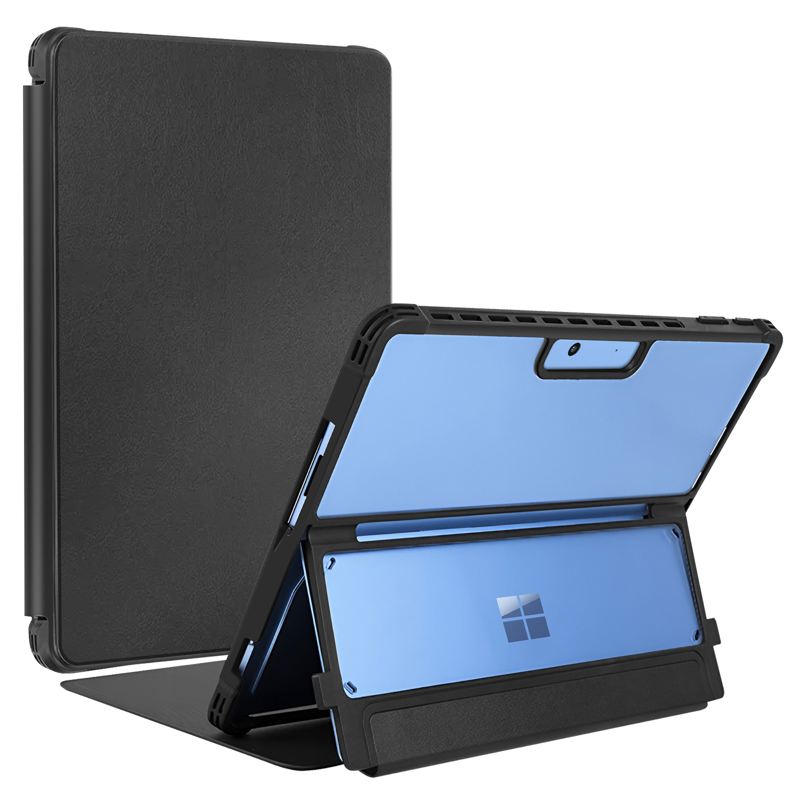 Una custodia nera per tablet con schermo blu. Il tablet è aperto e sostenuto dalla custodia. Una seconda custodia chiusa dietro.