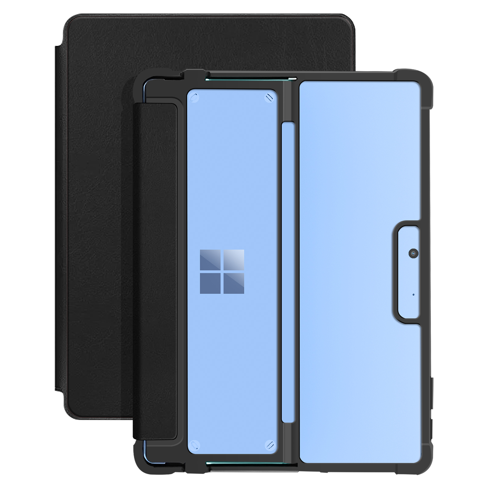 Una custodia nera per tablet con schermo blu e logo Microsoft. Il tablet è aperto. Un'altra custodia chiusa sullo sfondo.