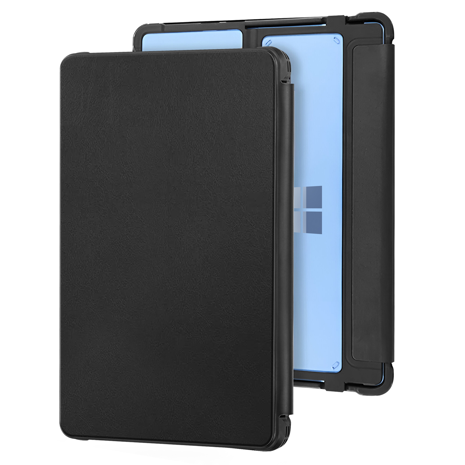 Custodia nera per tablet aperta. Copertina nera. Tablet con schermo blu e logo Windows. Sfondo bianco.