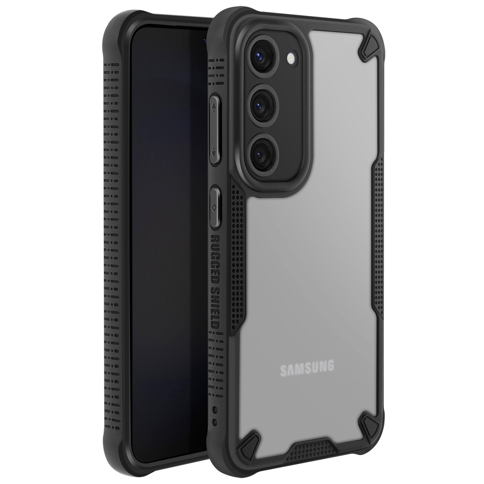 Custodia nera per telefono Samsung. Retro trasparente con cornice nera. Testo Rugged Shield. Il telefono è nella custodia. Sfondo bianco.