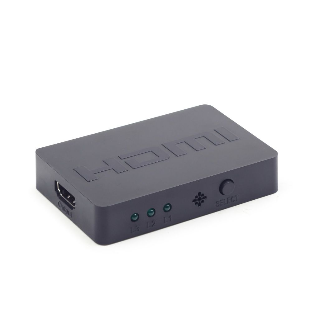 Un conmutador HDMI negro con logotipo HDMI, puerto de salida, botón de selección y luces de selección de entrada (L1, L2, L3) sobre fondo blanco.