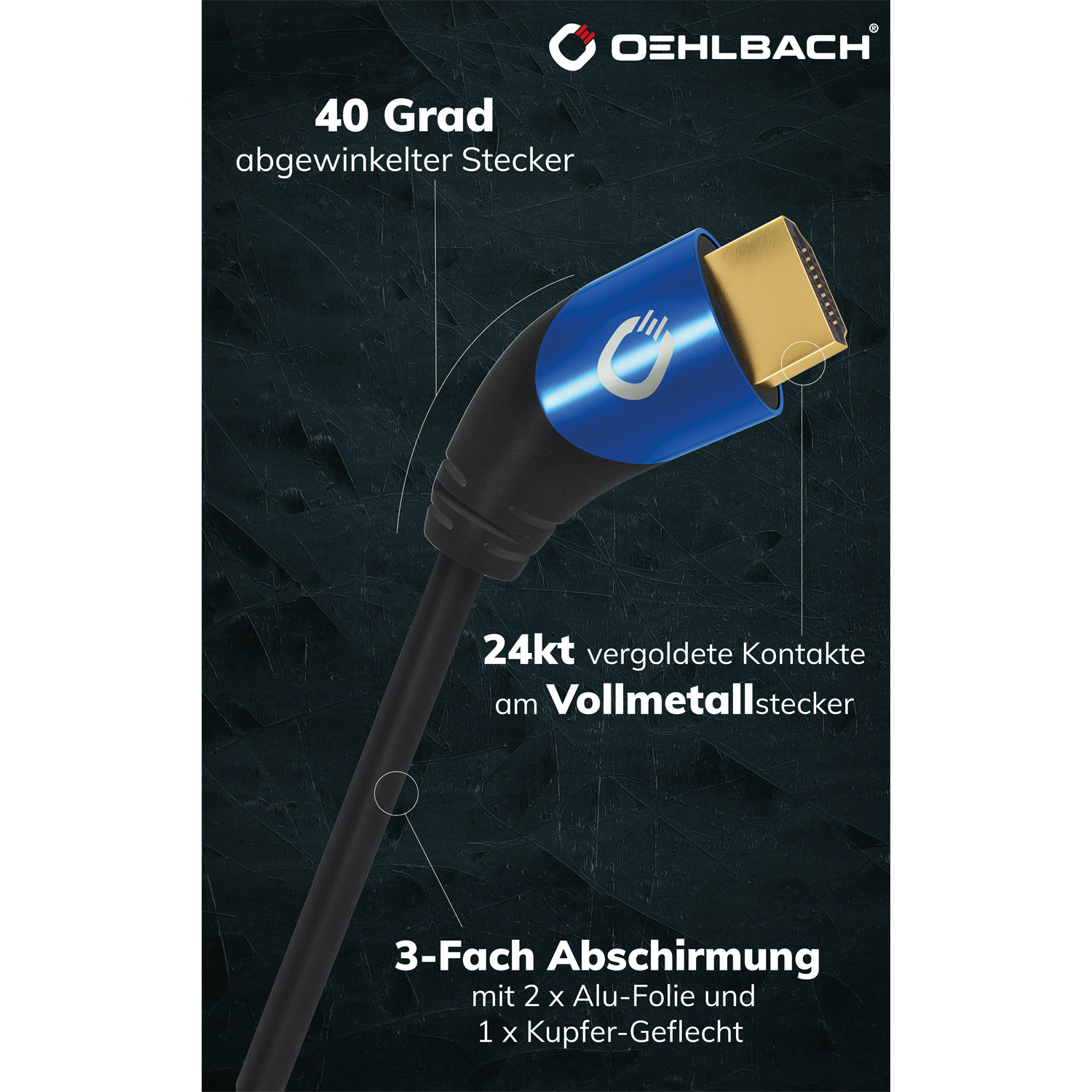 Ein HDMI-Kabel mit schwarzem Kabel und blauem Stecker, das Spezifikationen und Anschlussdetails zeigt.